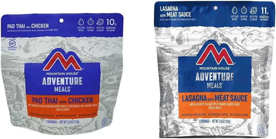 Mountain House Pad Thai with Chicken | Freeze Dried Backpacking & Camping Food |2 Servings | Gluten-Free & Lasagna with Meat Sauce | Freeze Dried Backpacking & Camping Food |2 Servings