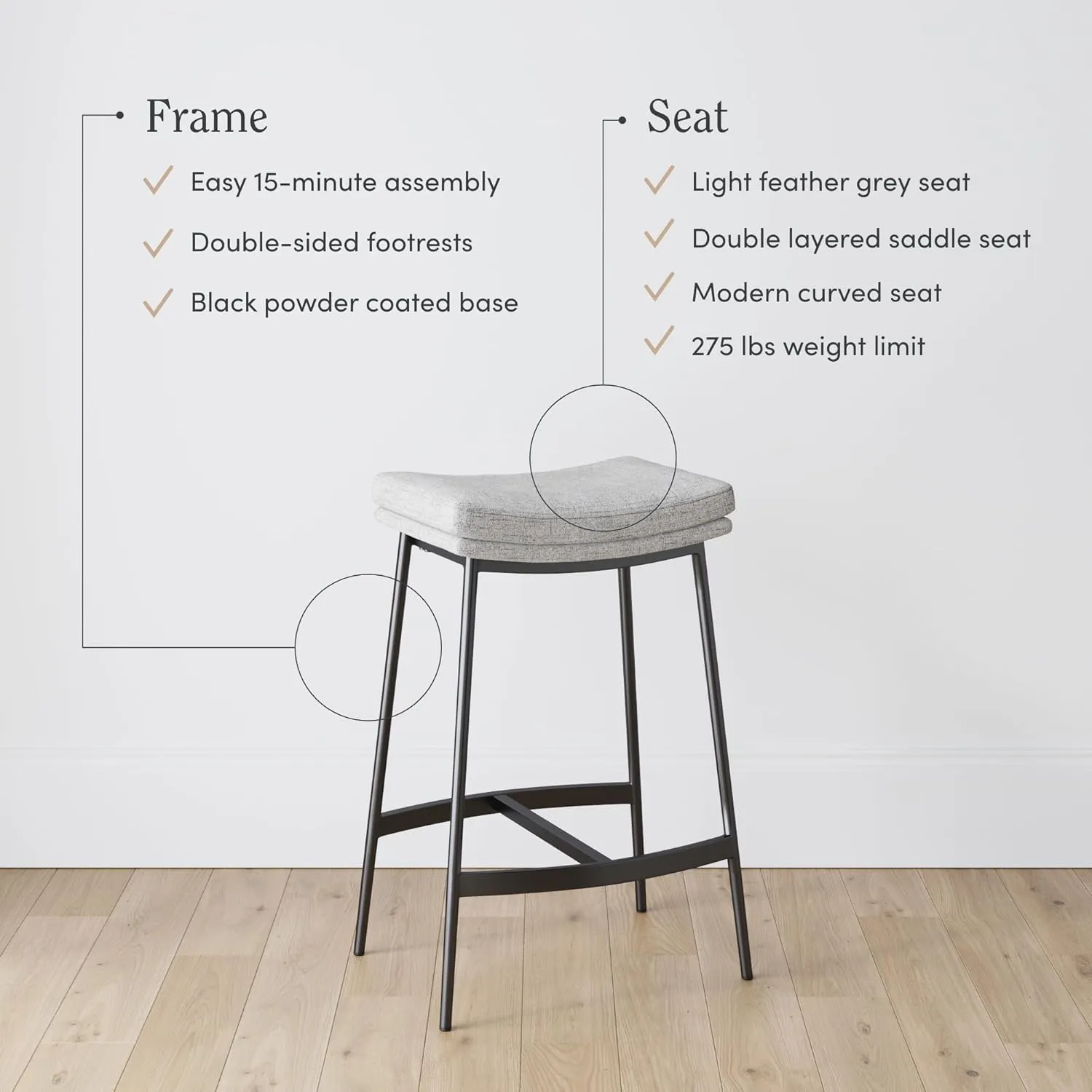 Nathan James Arlo Modern Backless Upholstered Kitchen Counter Bar Stool with Double-Layered Saddle Seat and Black Metal Base, Grey/Matte Black, Set of 2