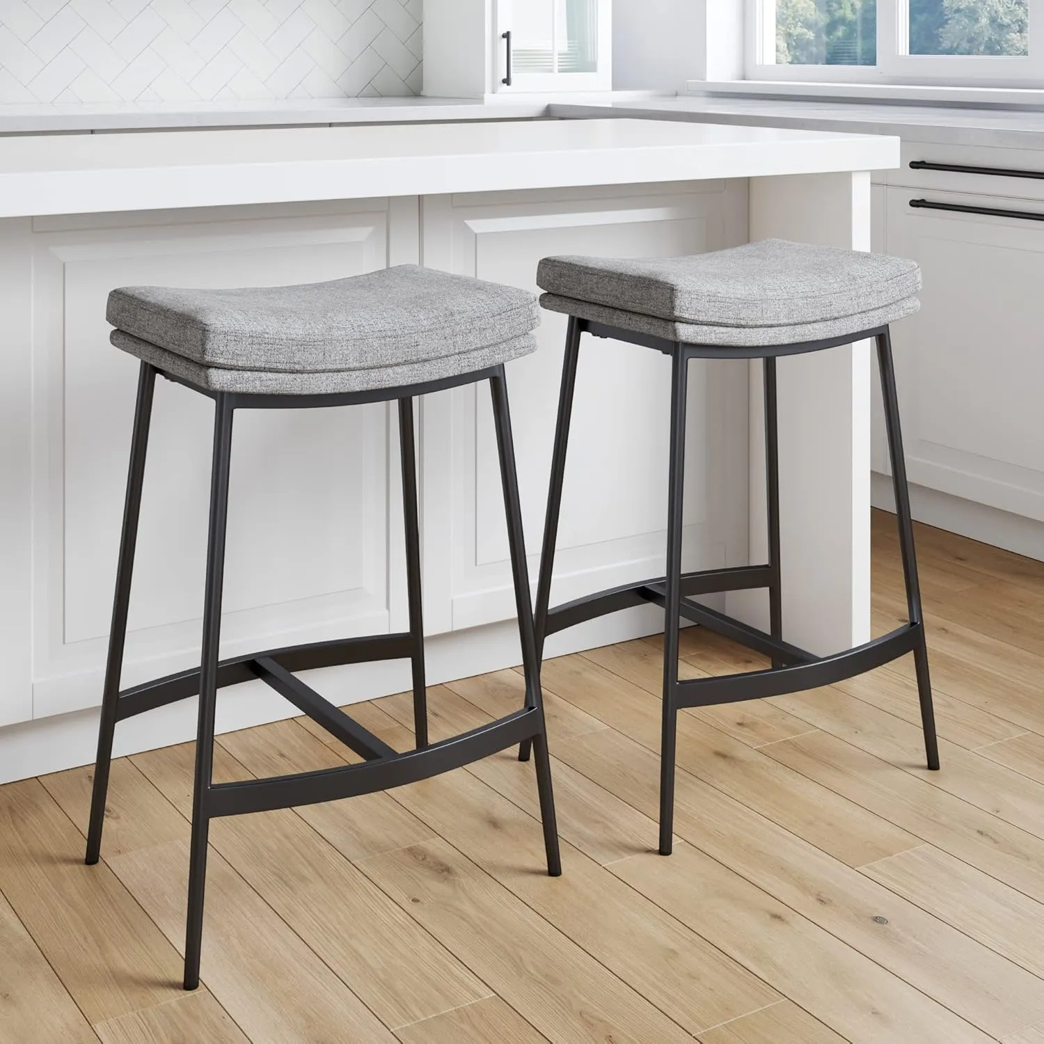 Nathan James Arlo Modern Backless Upholstered Kitchen Counter Bar Stool with Double-Layered Saddle Seat and Black Metal Base, Grey/Matte Black, Set of 2