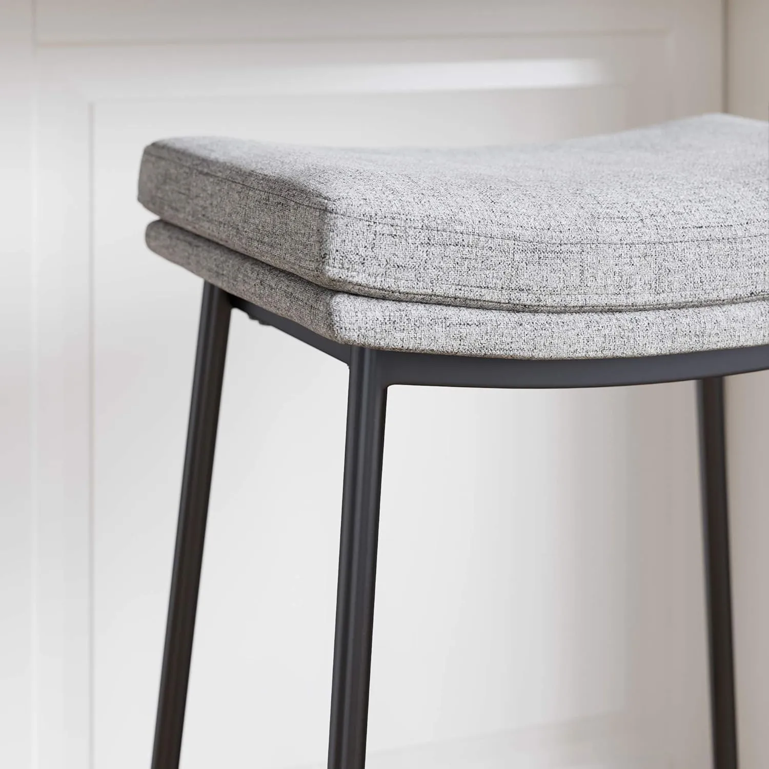 Nathan James Arlo Modern Backless Upholstered Kitchen Counter Bar Stool with Double-Layered Saddle Seat and Black Metal Base, Grey/Matte Black, Set of 2