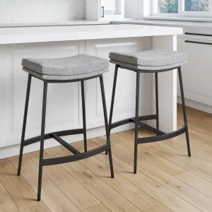 Nathan James Arlo Modern Backless Upholstered Kitchen Counter Bar Stool with Double-Layered Saddle Seat and Black Metal Base, Grey/Matte Black, Set of 2