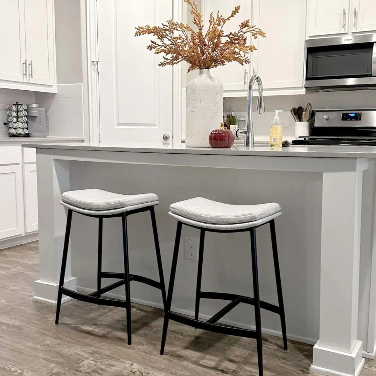 Nathan James Arlo Modern Backless Upholstered Kitchen Counter Bar Stool with Double-Layered Saddle Seat and Black Metal Base, Grey/Matte Black, Set of 2