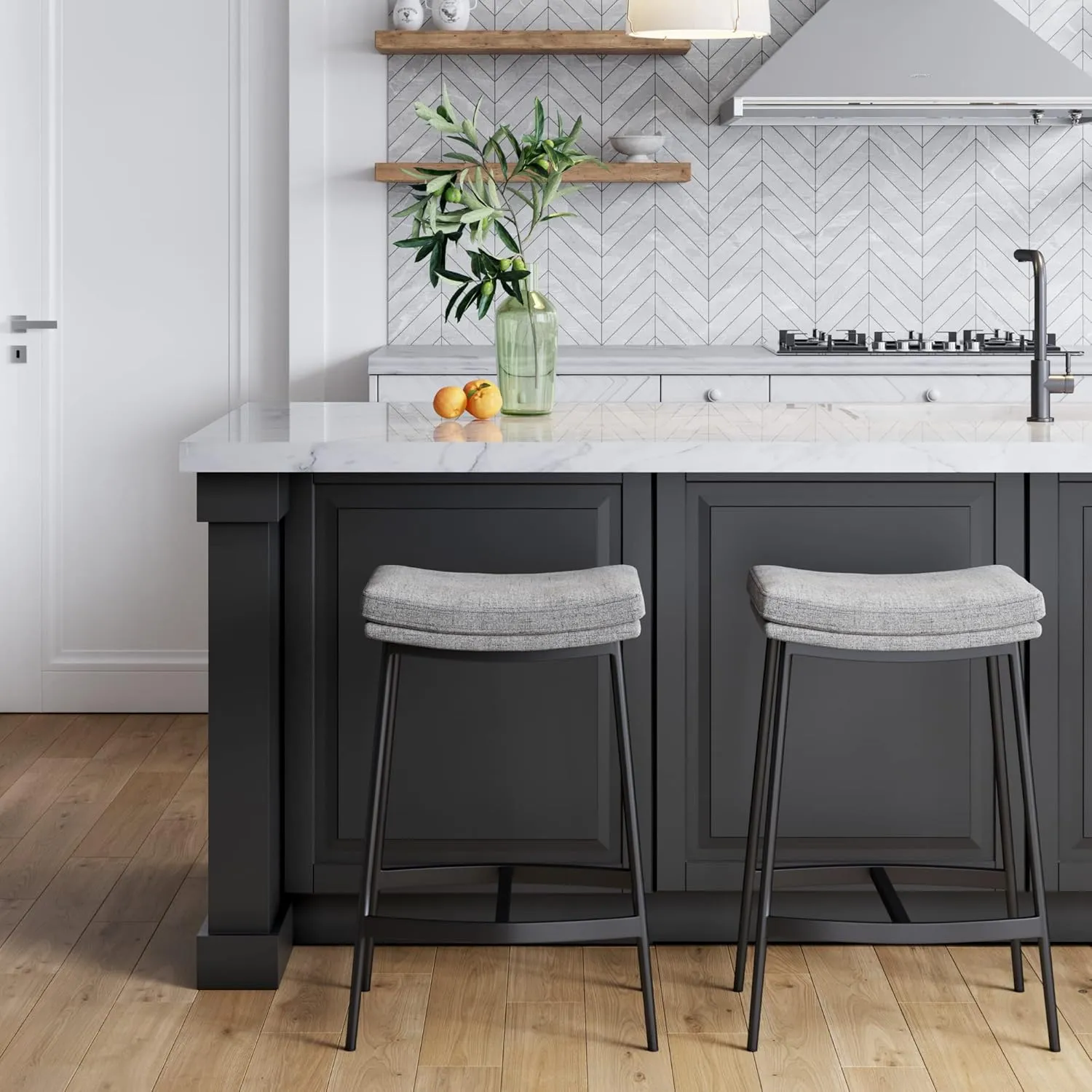 Nathan James Arlo Modern Backless Upholstered Kitchen Counter Bar Stool with Double-Layered Saddle Seat and Black Metal Base, Grey/Matte Black, Set of 2