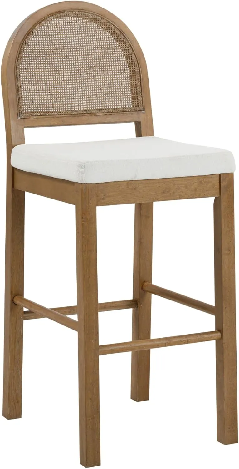 Nathan James Bailey 29 in. Boucle Bar Stool with Back, Bar Height Chair with Natural Woven Rattan Back and Solid Wood Legs, Light Brown