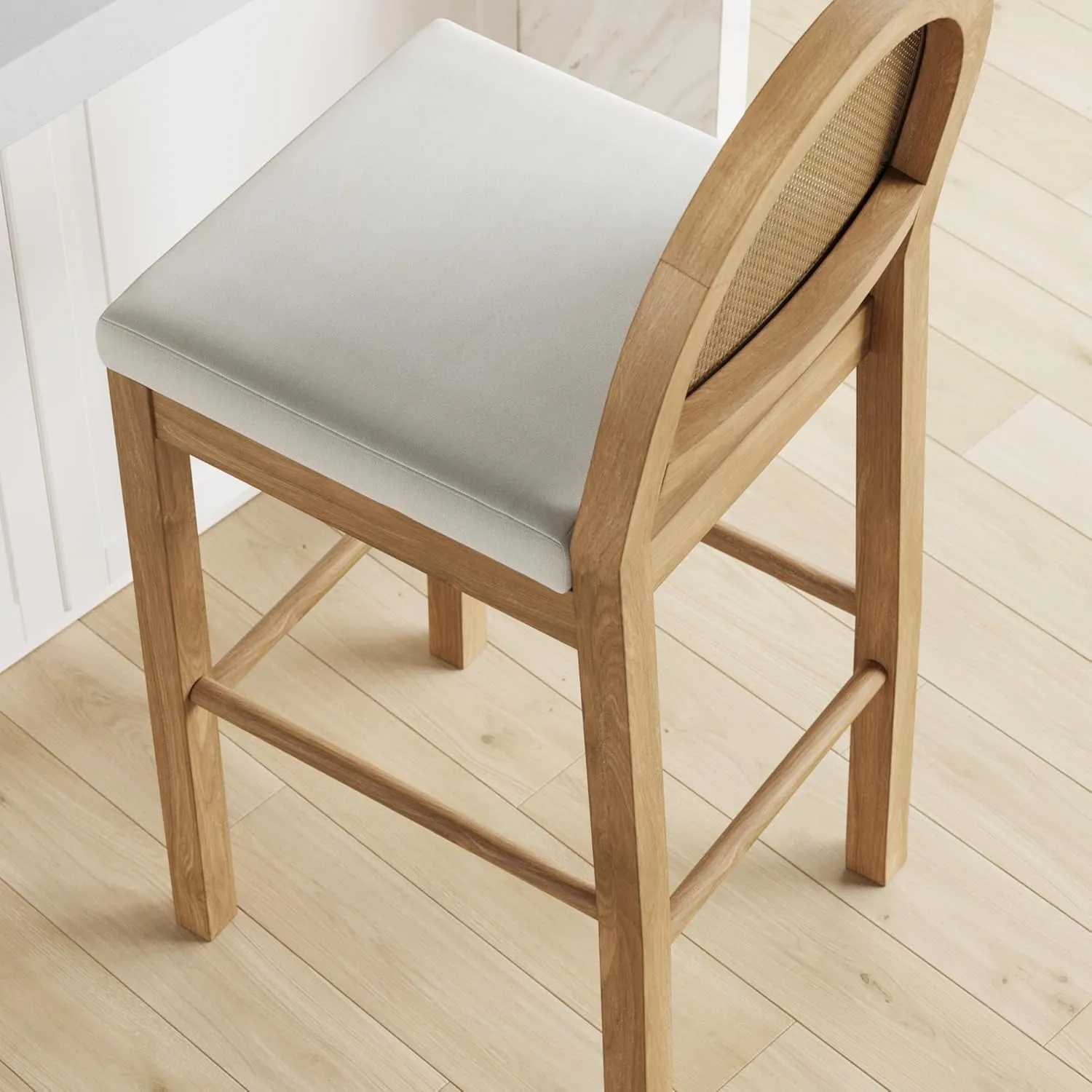 Nathan James Bailey 29 in. Boucle Bar Stool with Back, Bar Height Chair with Natural Woven Rattan Back and Solid Wood Legs, Light Brown