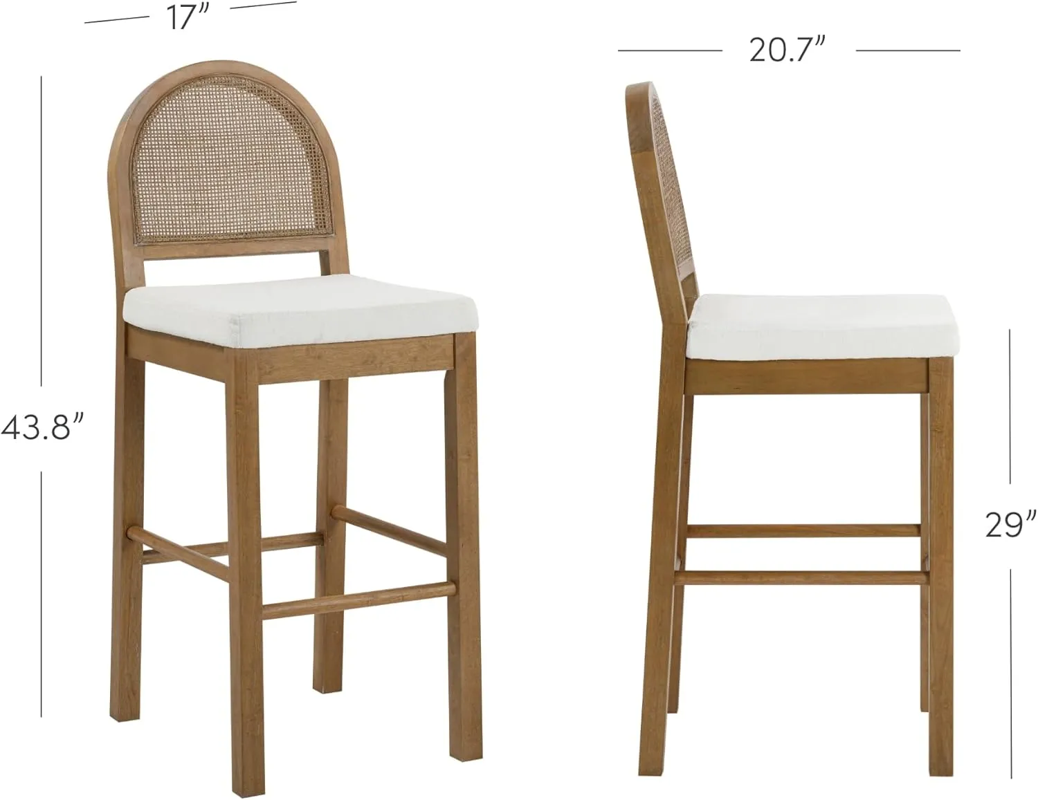 Nathan James Bailey 29 in. Boucle Bar Stool with Back, Bar Height Chair with Natural Woven Rattan Back and Solid Wood Legs, Light Brown
