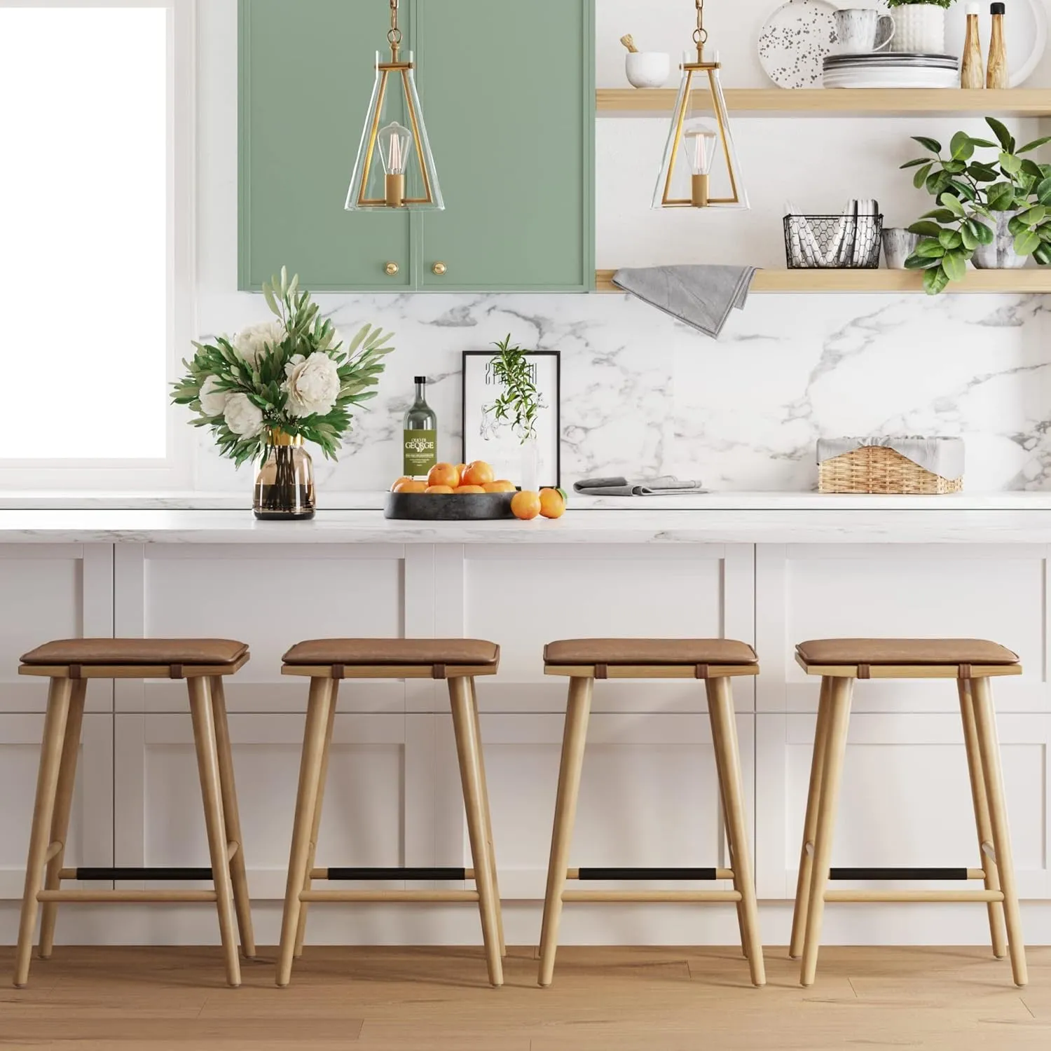 Nathan James Barker Classic Counter Height Wood Barstool with Leather Removable Cushion, Backless Island 24" Bar Stool for Kitchen, Chestnut Brown