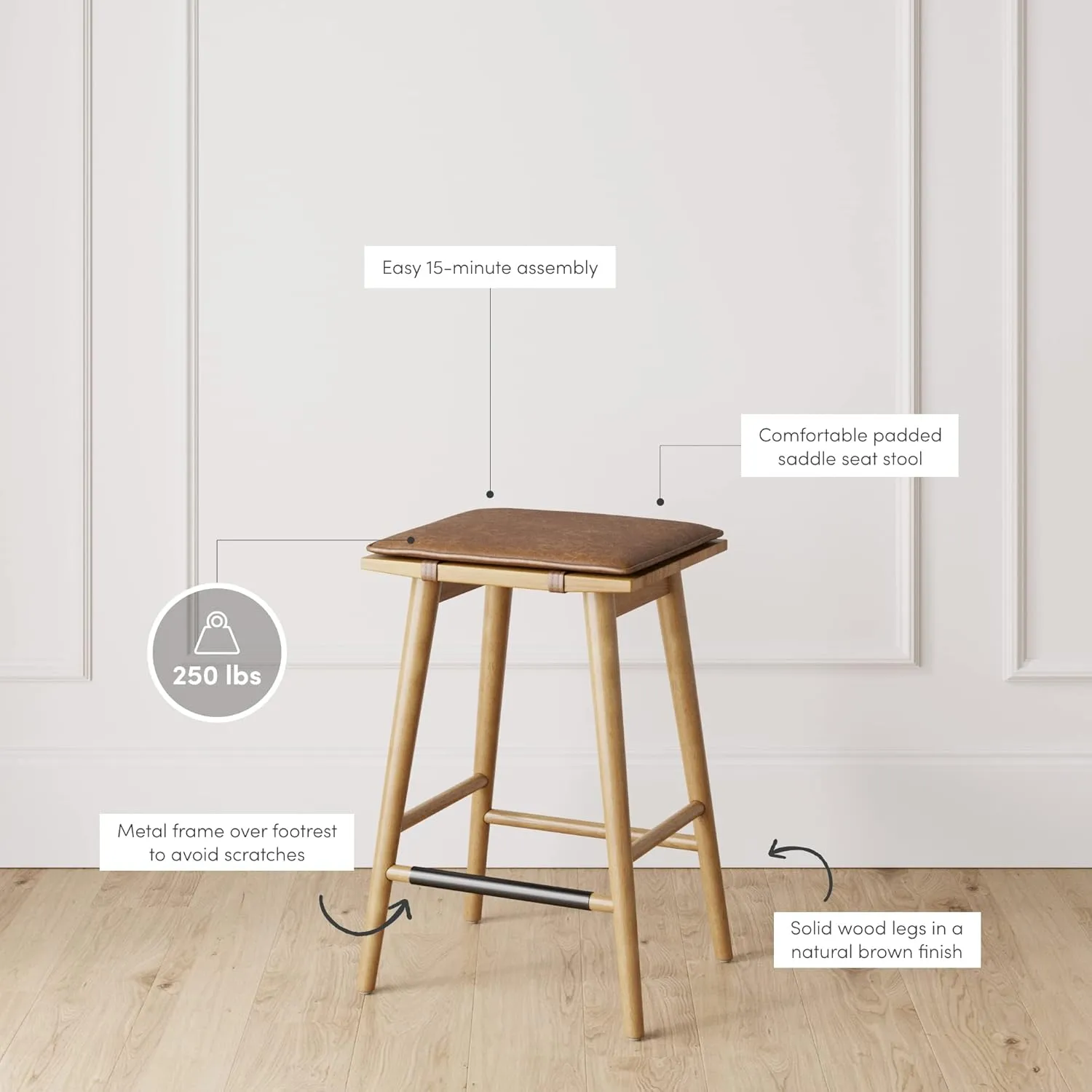Nathan James Barker Classic Counter Height Wood Barstool with Leather Removable Cushion, Backless Island 24" Bar Stool for Kitchen, Chestnut Brown