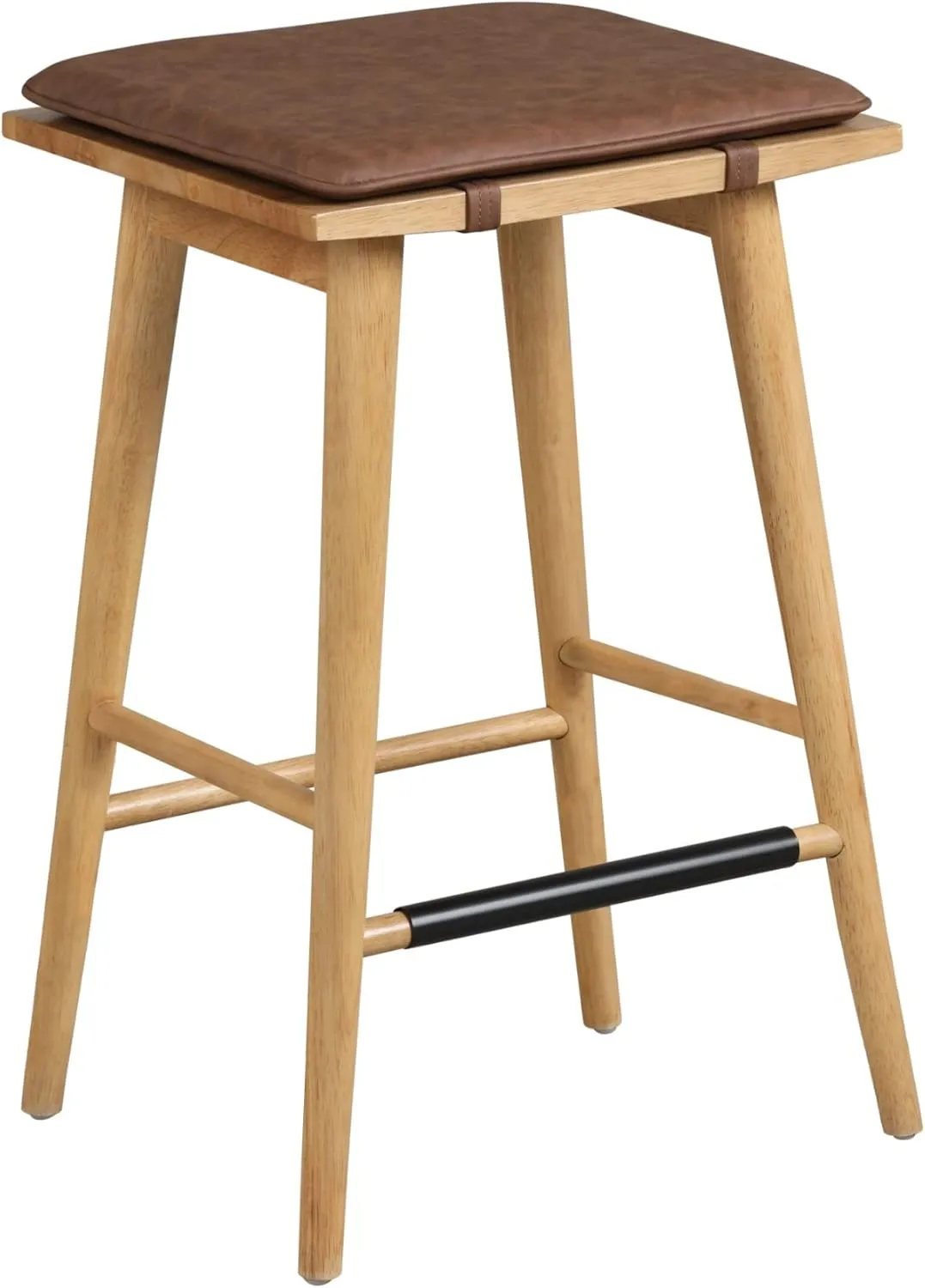 Nathan James Barker Classic Counter Height Wood Barstool with Leather Removable Cushion, Backless Island 24" Bar Stool for Kitchen, Chestnut Brown