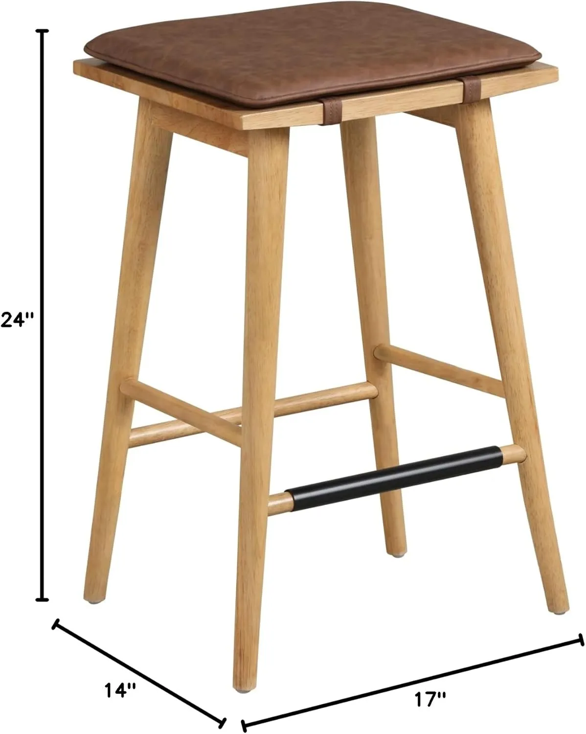Nathan James Barker Classic Counter Height Wood Barstool with Leather Removable Cushion, Backless Island 24" Bar Stool for Kitchen, Chestnut Brown