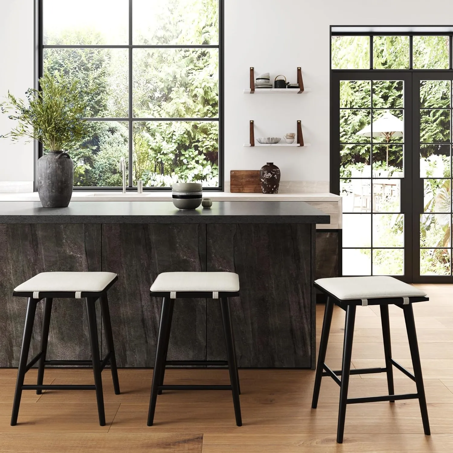 Nathan James Barker Counter Height Solid Wood Barstool with Upholstered Cushion, Backless Island Stool with Rubberwood Legs and Natural Textured Linen Upholstery for Kitchen, Black/White