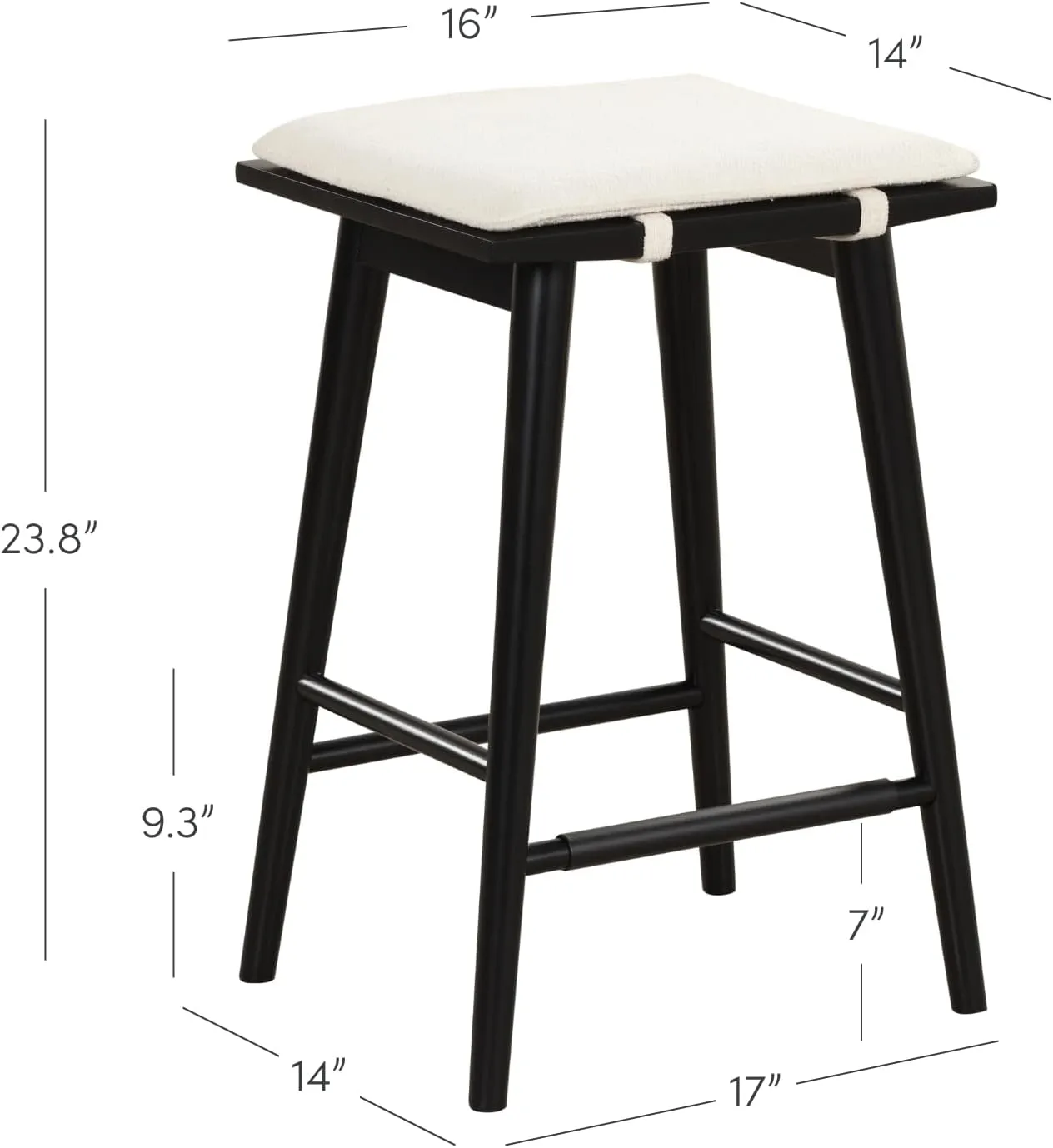 Nathan James Barker Counter Height Solid Wood Barstool with Upholstered Cushion, Backless Island Stool with Rubberwood Legs and Natural Textured Linen Upholstery for Kitchen, Black/White