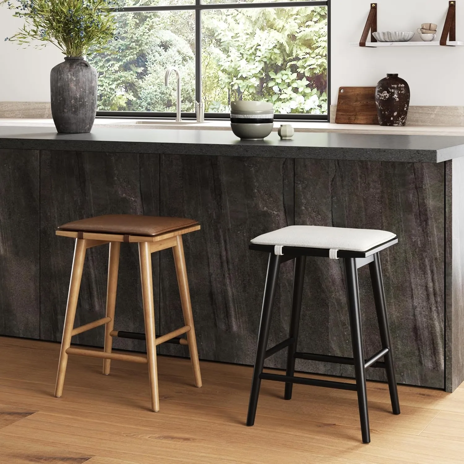 Nathan James Barker Counter Height Solid Wood Barstool with Upholstered Cushion, Backless Island Stool with Rubberwood Legs and Natural Textured Linen Upholstery for Kitchen, Black/White
