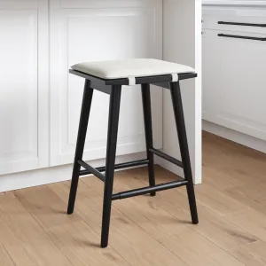 Nathan James Barker Counter Height Solid Wood Barstool with Upholstered Cushion, Backless Island Stool with Rubberwood Legs and Natural Textured Linen Upholstery for Kitchen, Black/White