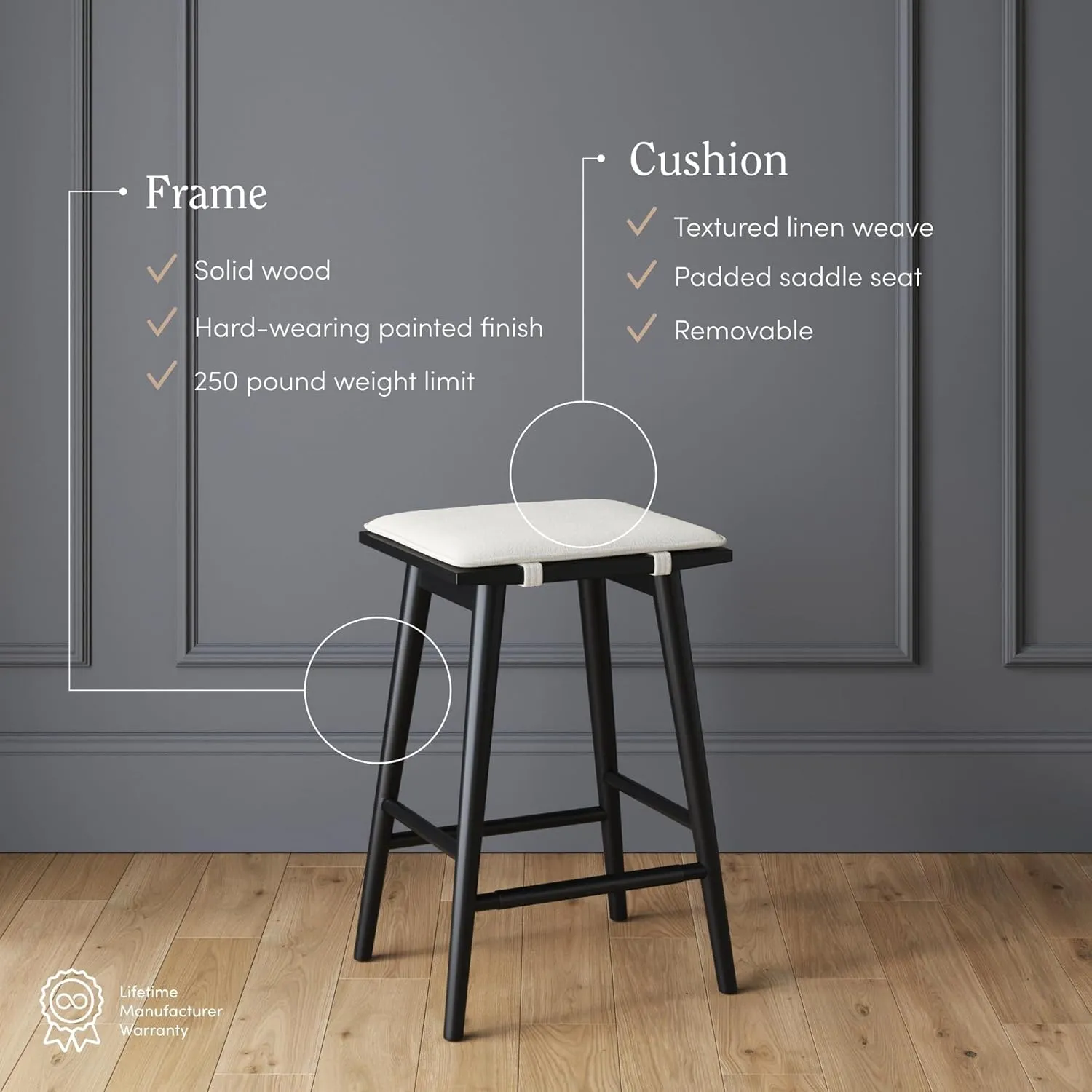 Nathan James Barker Counter Height Solid Wood Barstool with Upholstered Cushion, Backless Island Stool with Rubberwood Legs and Natural Textured Linen Upholstery for Kitchen, Black/White