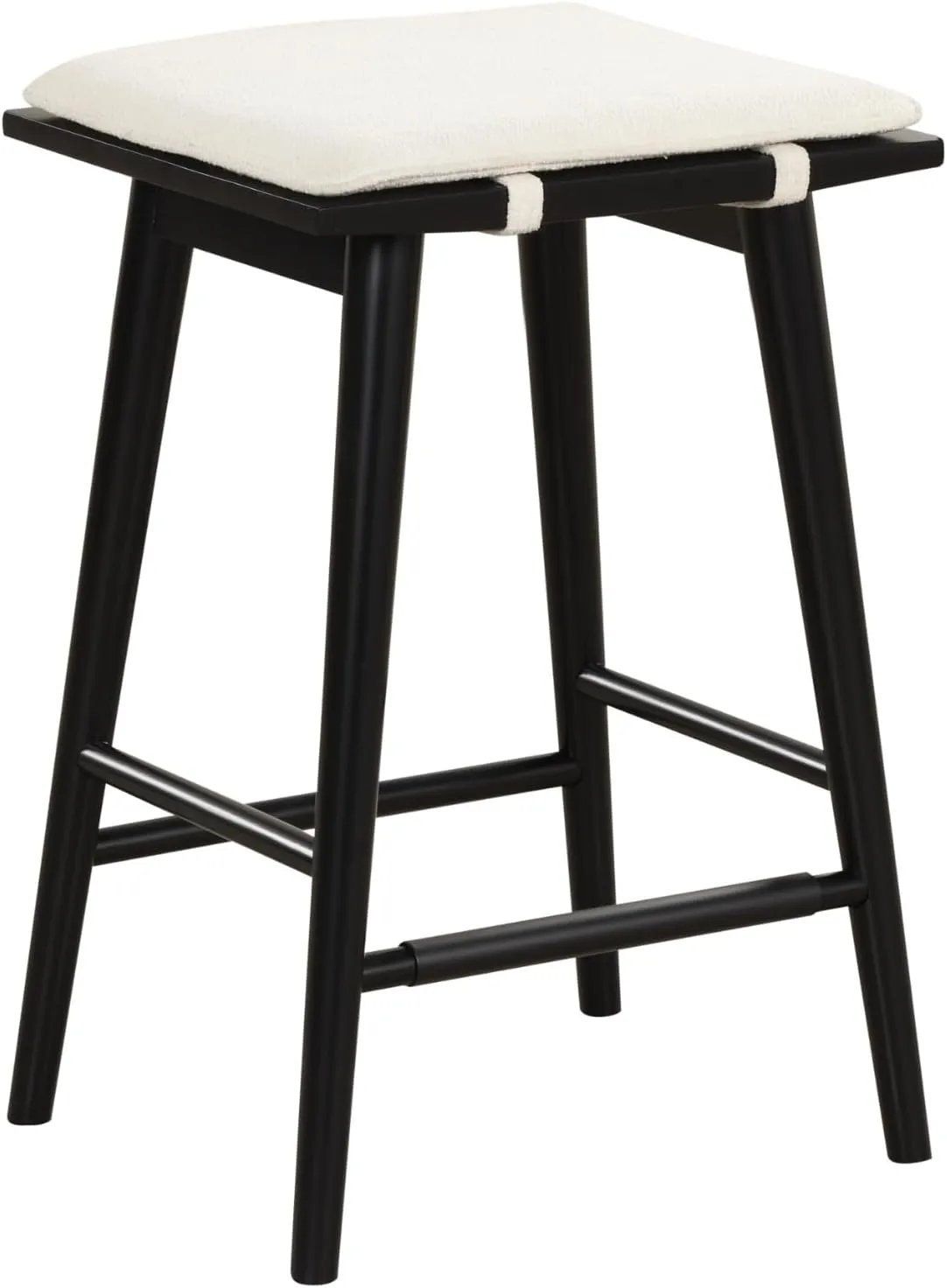 Nathan James Barker Counter Height Solid Wood Barstool with Upholstered Cushion, Backless Island Stool with Rubberwood Legs and Natural Textured Linen Upholstery for Kitchen, Black/White
