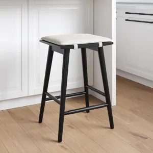 Nathan James Barker Counter Height Solid Wood Barstool with Upholstered Cushion, Backless Island Stool with Rubberwood Legs and Natural Textured Linen Upholstery for Kitchen, Black/White