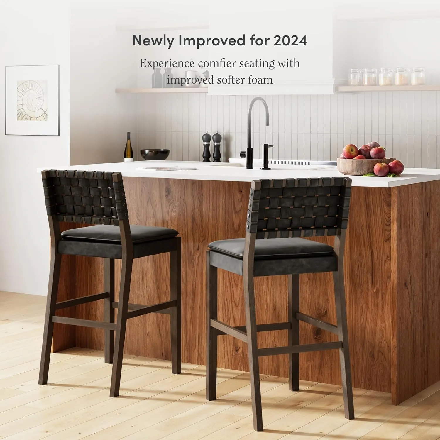 Nathan James Cohen Mid-Century Modern 29 in. Wood Bar Stool, Upholstered Faux Leather Bar Height Stool with Solid Wood Frame, Black, Set of 2