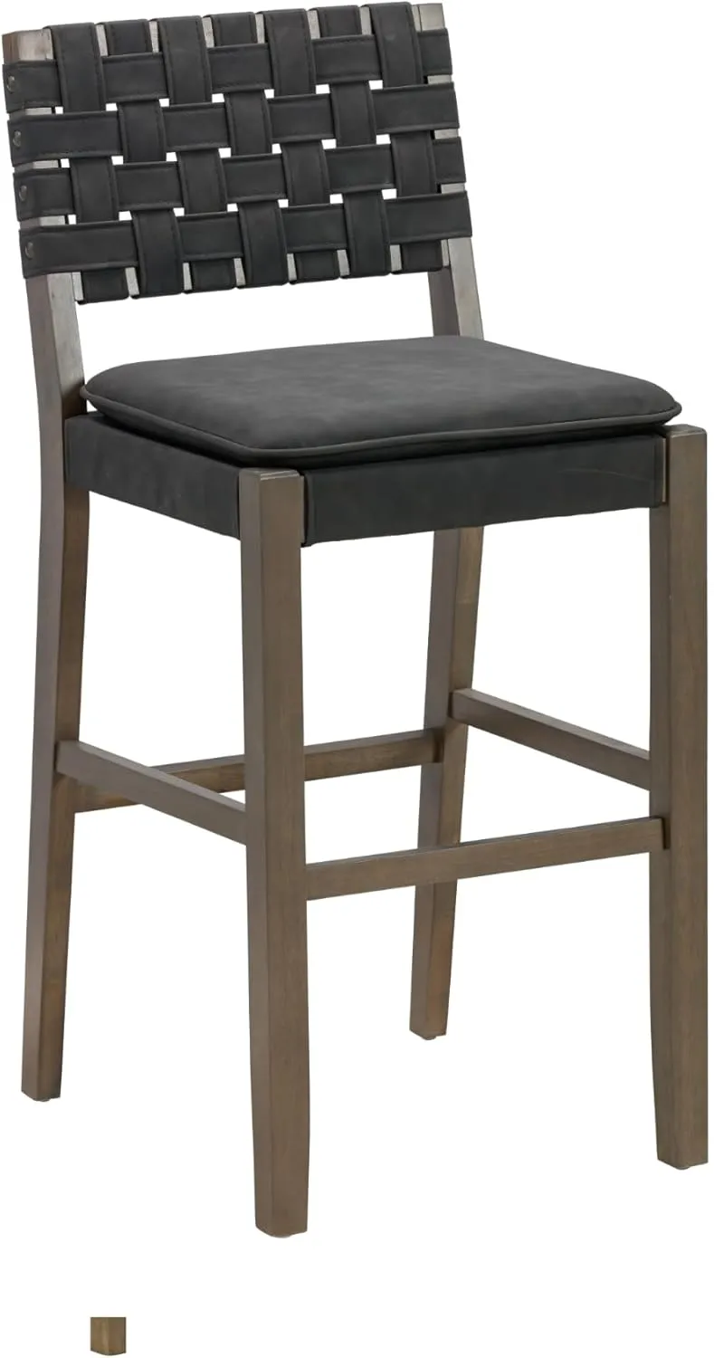 Nathan James Cohen Mid-Century Modern 29 in. Wood Bar Stool, Upholstered Faux Leather Bar Height Stool with Solid Wood Frame, Black, Set of 2
