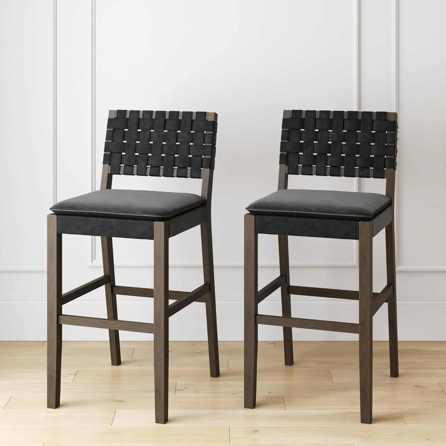 Nathan James Cohen Mid-Century Modern 29 in. Wood Bar Stool, Upholstered Faux Leather Bar Height Stool with Solid Wood Frame, Black, Set of 2