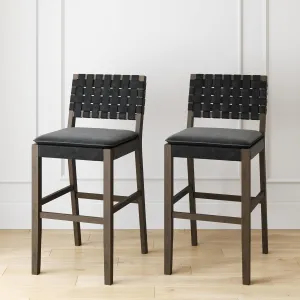 Nathan James Cohen Mid-Century Modern 29 in. Wood Bar Stool, Upholstered Faux Leather Bar Height Stool with Solid Wood Frame, Black, Set of 2