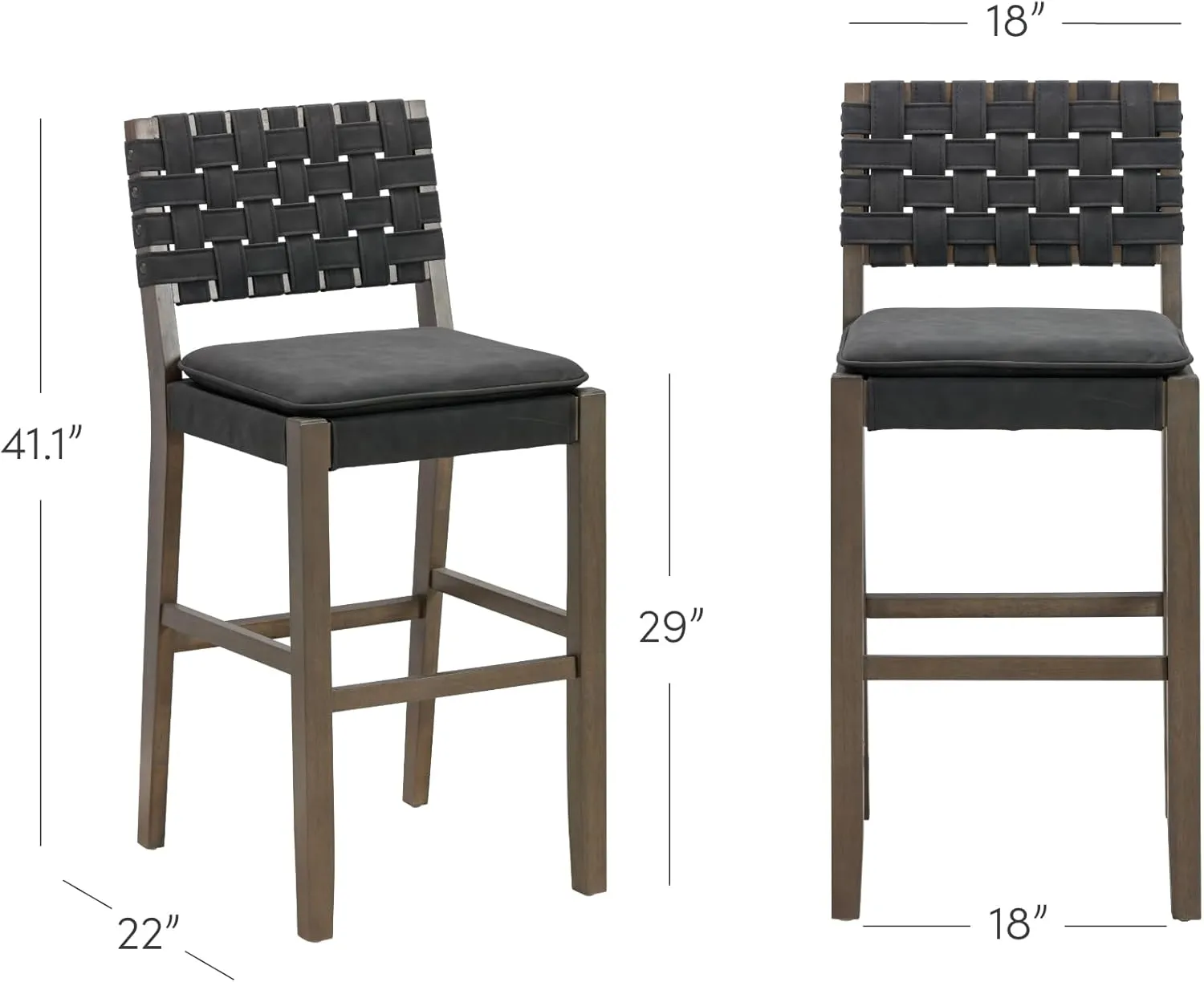 Nathan James Cohen Mid-Century Modern 29 in. Wood Bar Stool, Upholstered Faux Leather Bar Height Stool with Solid Wood Frame, Black, Set of 2