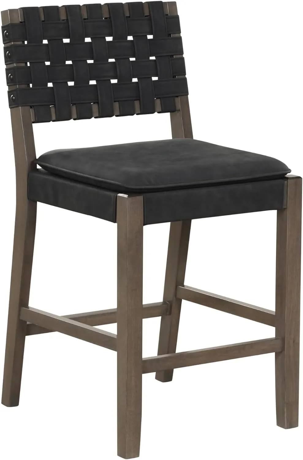 Nathan James Cohen Mid-Century Modern Leather Bar Stool, Counter Height Chair in Solid Wood Frame with Footrest and Woven Leather Back for Kitchen, Black, Set of 2