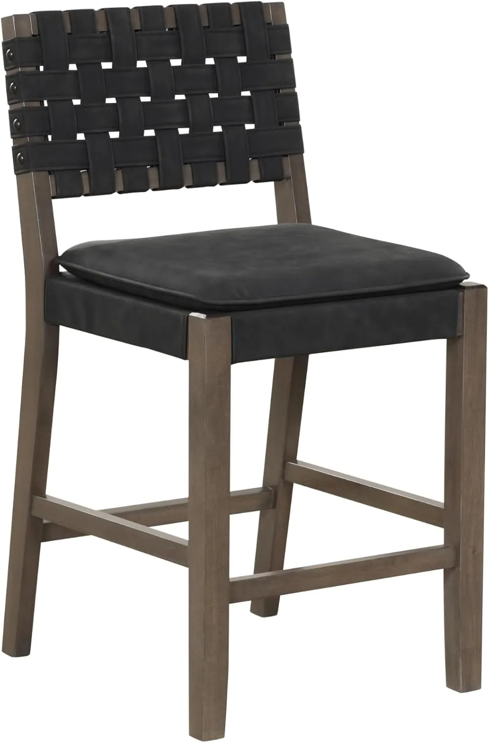 Nathan James Cohen Mid-Century Modern Leather Bar Stool, Counter Height Chair in Solid Wood Frame with Footrest and Woven Leather Back for Kitchen, Black