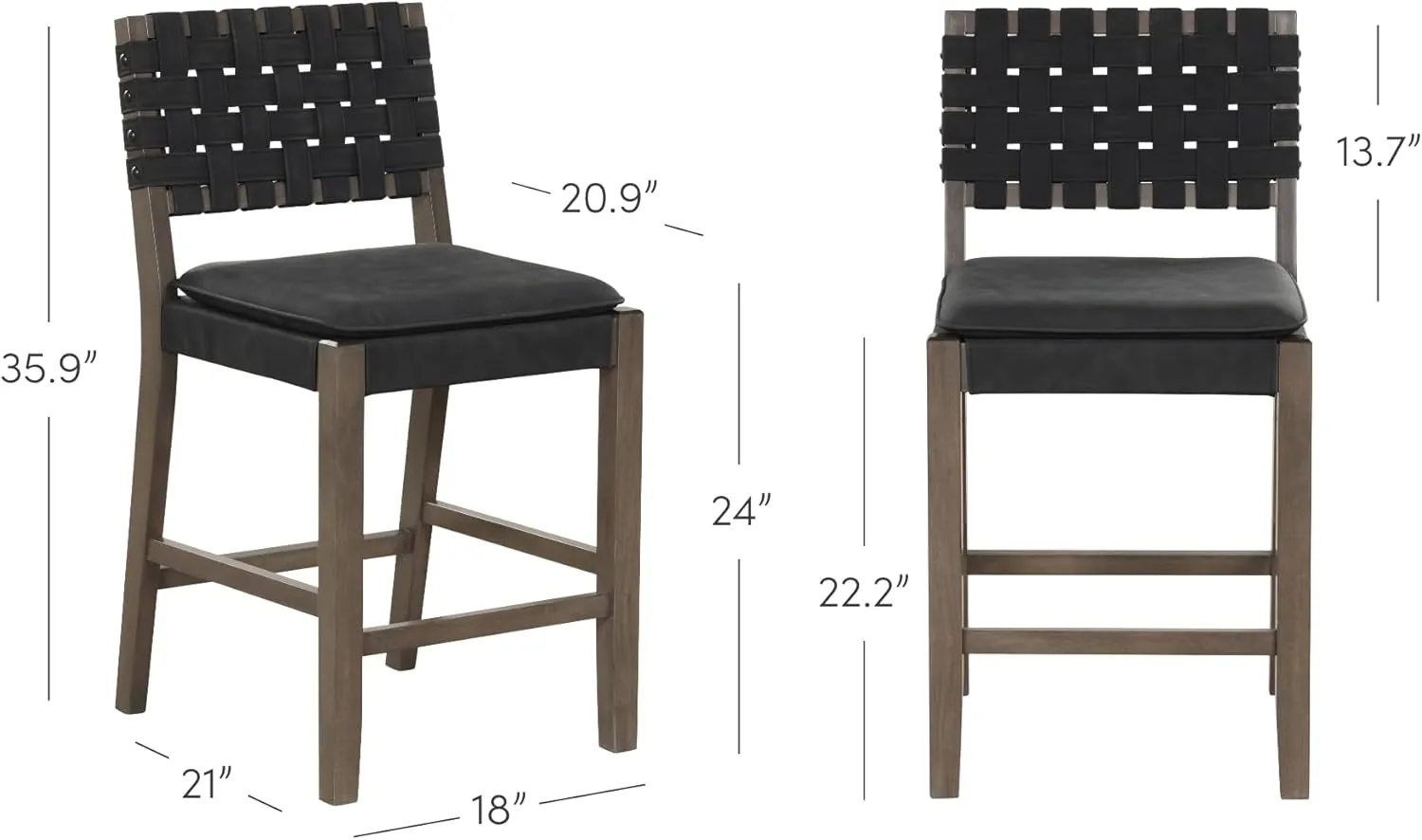 Nathan James Cohen Mid-Century Modern Leather Bar Stool, Counter Height Chair in Solid Wood Frame with Footrest and Woven Leather Back for Kitchen, Black