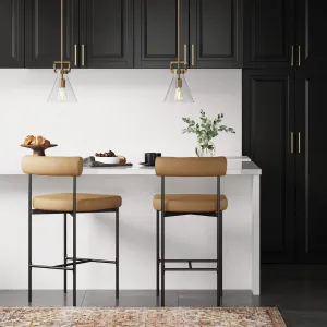 Nathan James Dahlia Counter Height Chair, Modern Barstool with Back, Mid-Century Metal Legs and Leather Padded Cushion for Kitchen, Island and Bars, Brown/Black, Set of 2