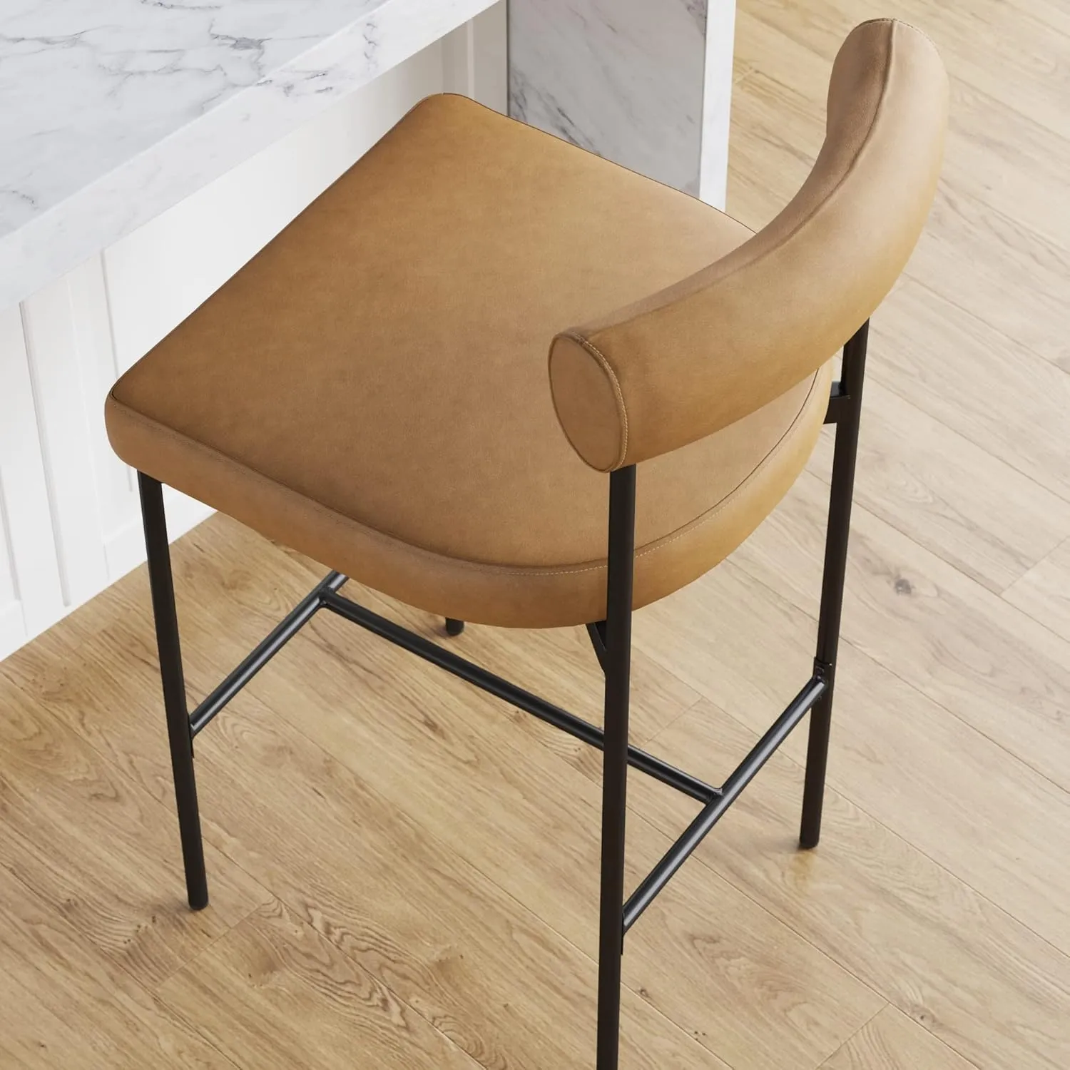 Nathan James Dahlia Counter Height Chair, Modern Barstool with Back, Mid-Century Metal Legs and Leather Padded Cushion for Kitchen, Island and Bars, Brown/Black, Set of 2