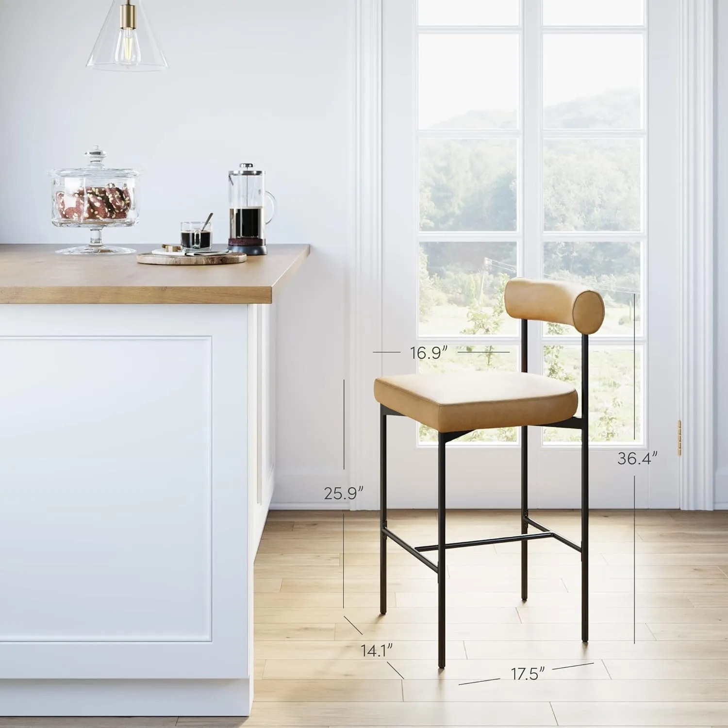 Nathan James Dahlia Counter Height Chair, Modern Barstool with Back, Mid-Century Metal Legs and Leather Padded Cushion for Kitchen, Island and Bars, Brown/Black, Set of 2