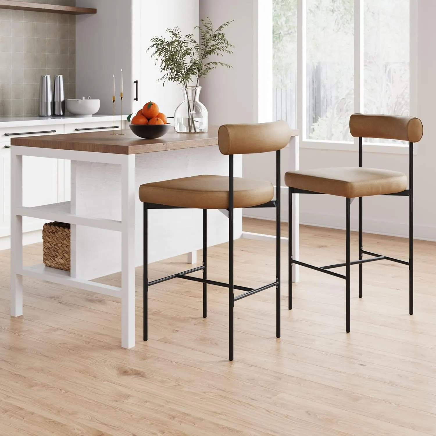 Nathan James Dahlia Counter Height Chair, Modern Barstool with Back, Mid-Century Metal Legs and Leather Padded Cushion for Kitchen, Island and Bars, Brown/Black, Set of 2