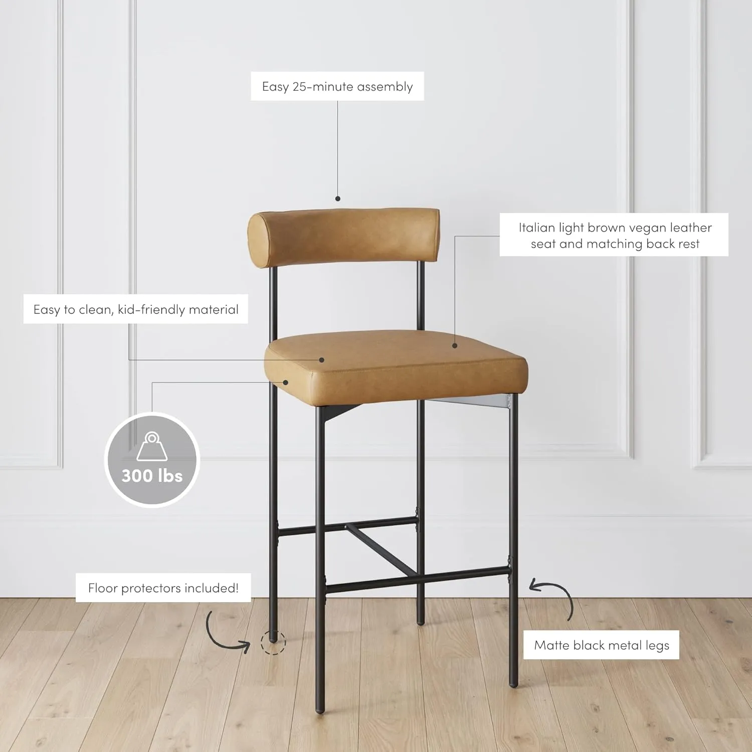 Nathan James Dahlia Counter Height Chair, Modern Barstool with Back, Mid-Century Metal Legs and Leather Padded Cushion for Kitchen, Island and Bars, Brown/Black, Set of 2