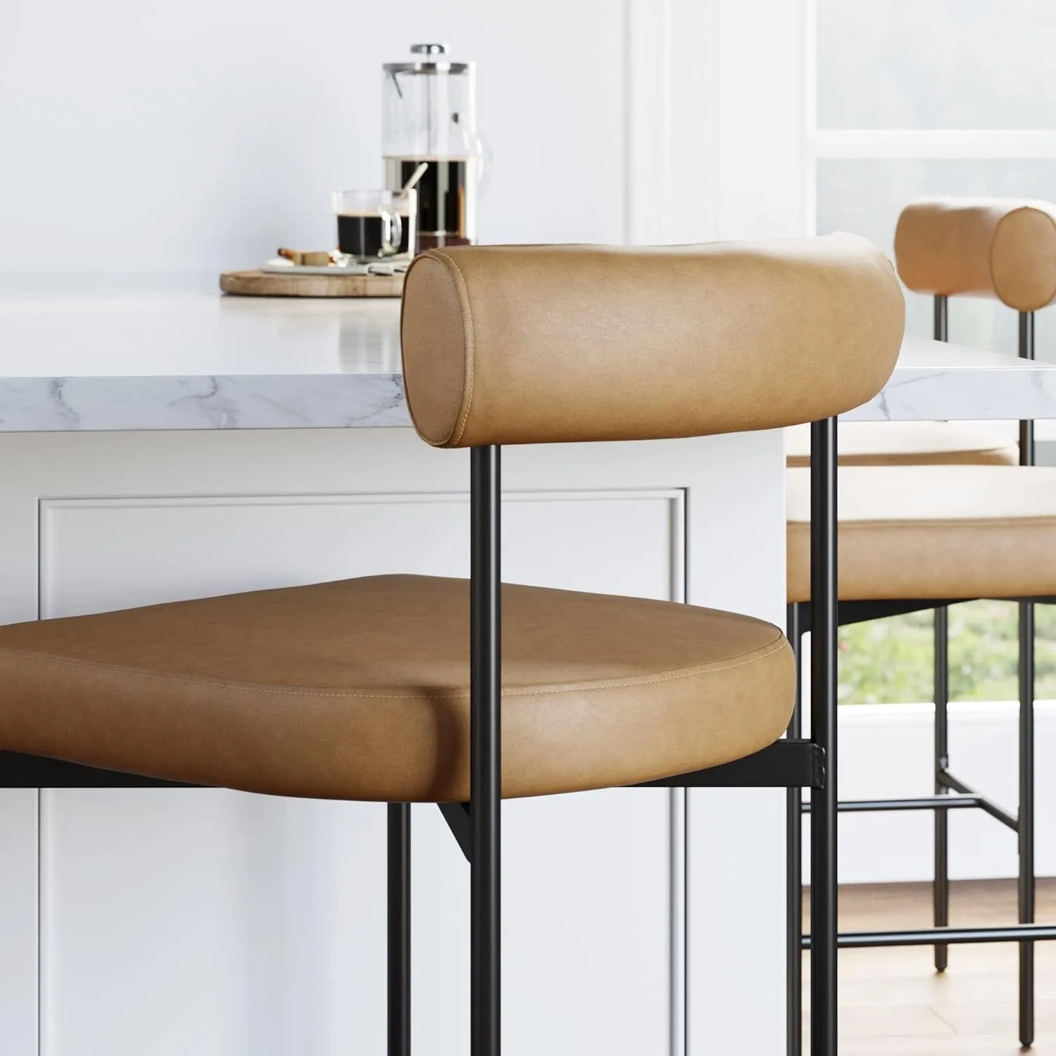 Nathan James Dahlia Counter Height Chair, Modern Barstool with Back, Mid-Century Metal Legs and Leather Padded Cushion for Kitchen, Island and Bars, Brown/Black, Set of 2