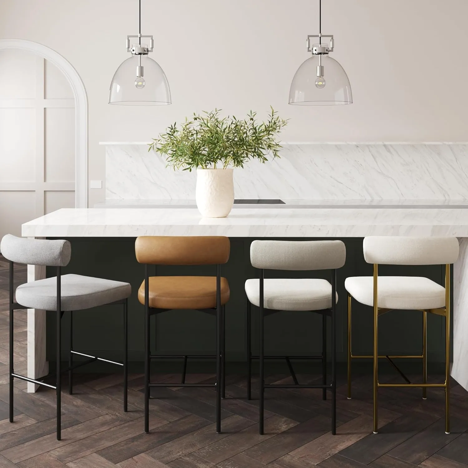 Nathan James Dahlia Counter Height Chair, Modern Barstool with Back, Mid-Century Metal Legs and Padded Cushion for Kitchen, Island and Bars, Light Grey/Black