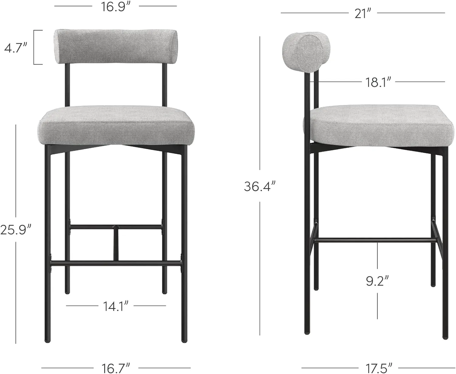 Nathan James Dahlia Counter Height Chair, Modern Barstool with Back, Mid-Century Metal Legs and Padded Cushion for Kitchen, Island and Bars, Light Grey/Black