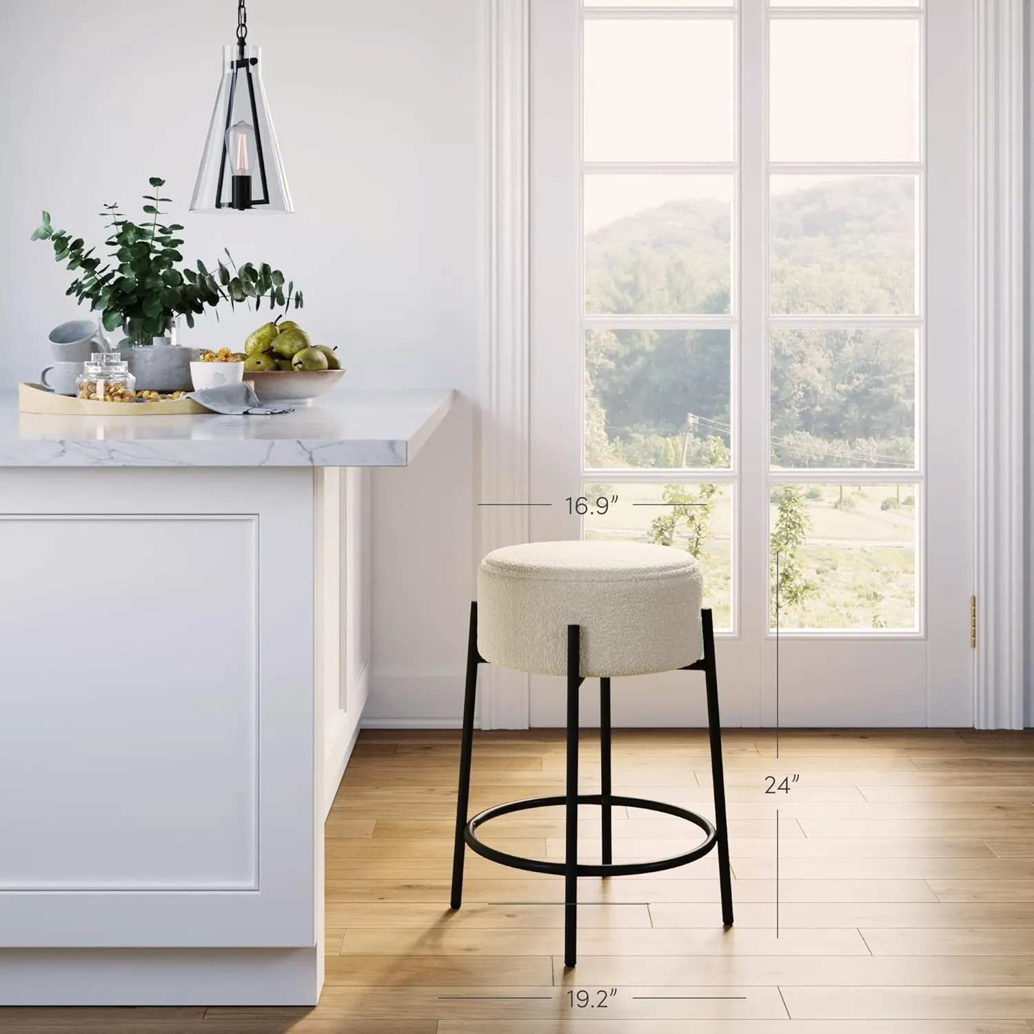 Nathan James Isaac 24" Modern Backless Bar Stool with Round Soft Padded Boucle Seat and Metal Mid-Century Base, Boucle White/Black