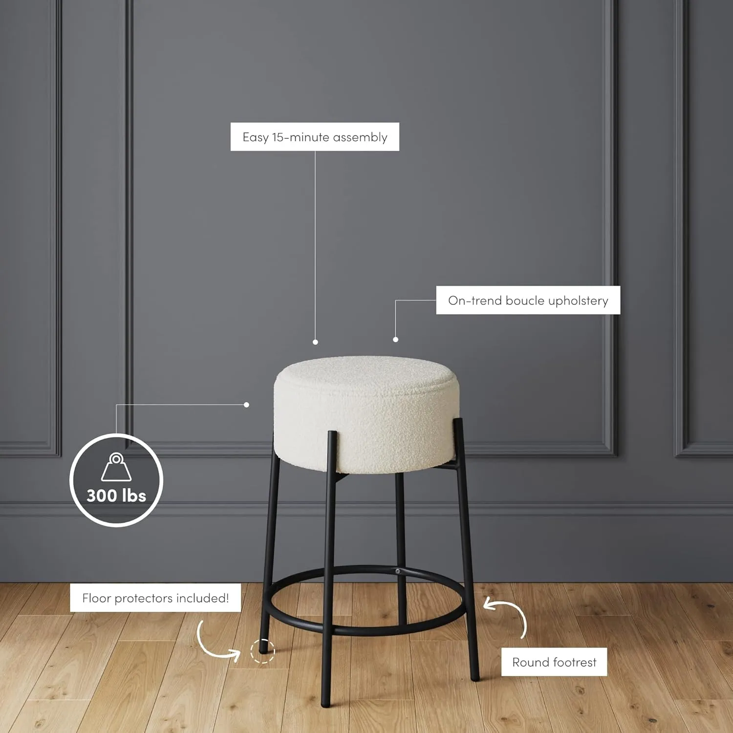 Nathan James Isaac 24" Modern Backless Bar Stool with Round Soft Padded Boucle Seat and Metal Mid-Century Base, Boucle White/Black