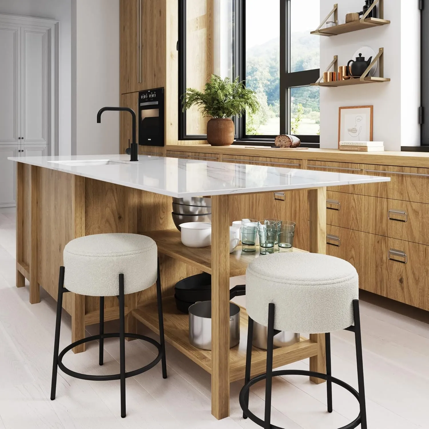 Nathan James Isaac 24" Modern Backless Bar Stool with Round Soft Padded Boucle Seat and Metal Mid-Century Base, Boucle White/Black