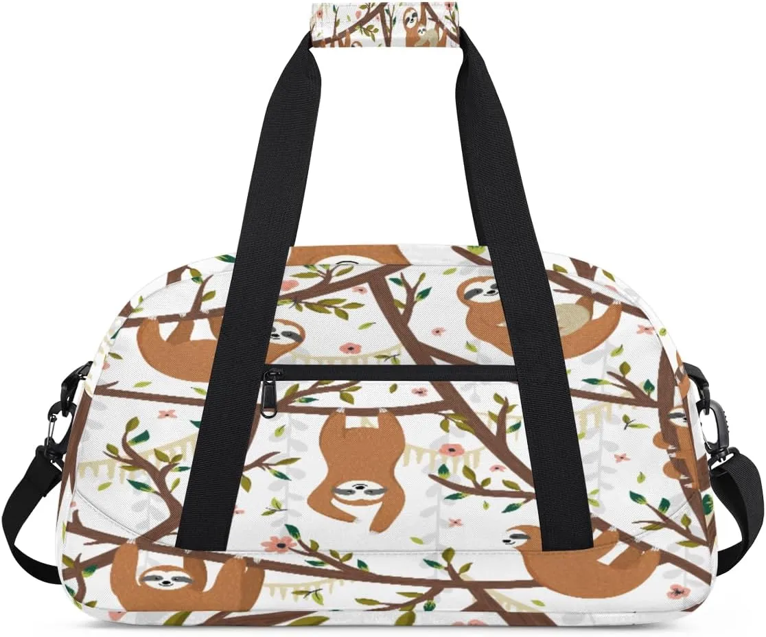 Naughty Sloths Gym Duffel Bag for Men Women Tree Branch Flower Sports Tote Bag with Adjustable Shoulder Strap for Dance Gymnastics Traveling Outdoor Camping Overnight Stay