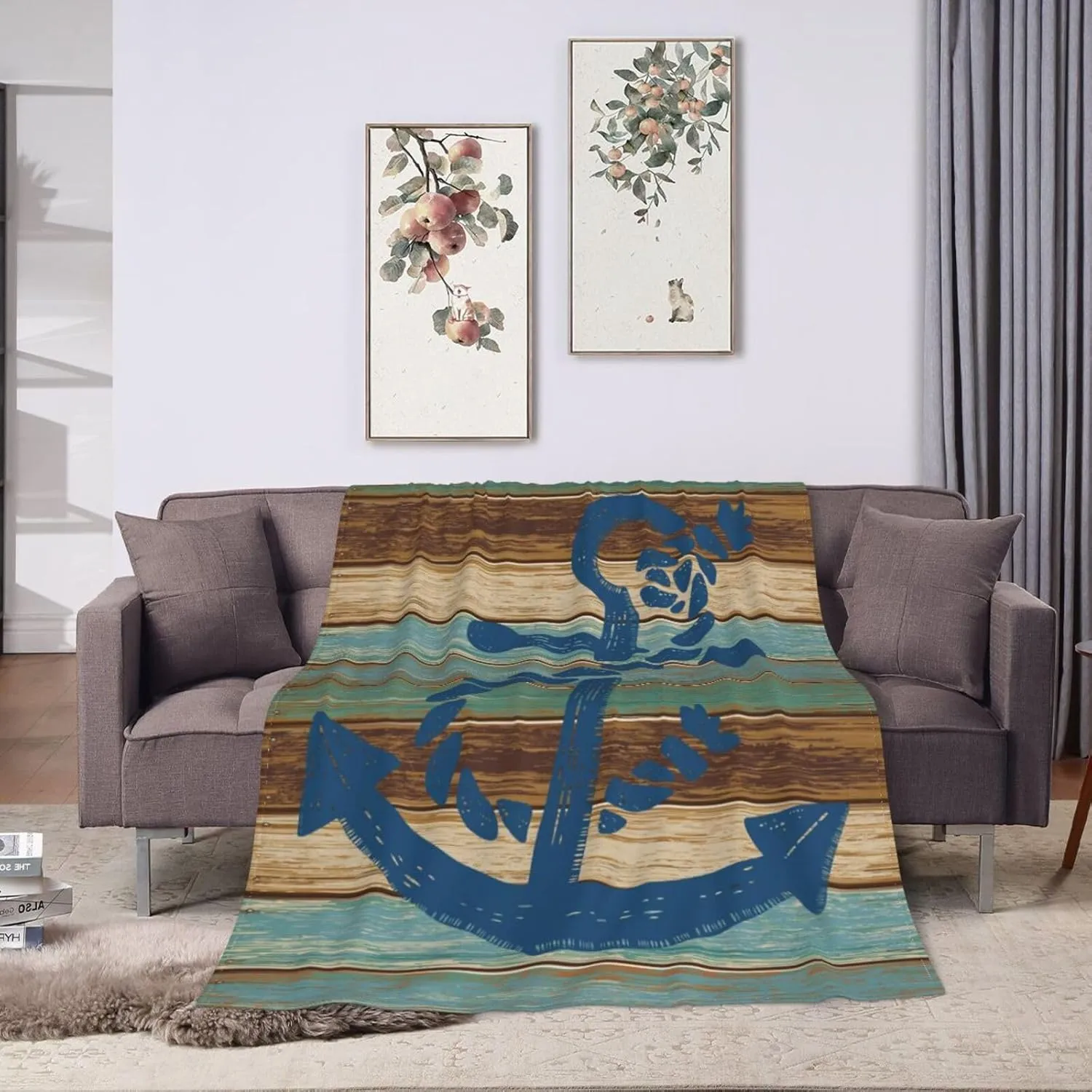 Nautical Coastal Ocean Blue Anchor Ultra-Soft Cozy Throw Blanket Home Decorative Fleece Blanket for Living Room Bed Sofa for Man