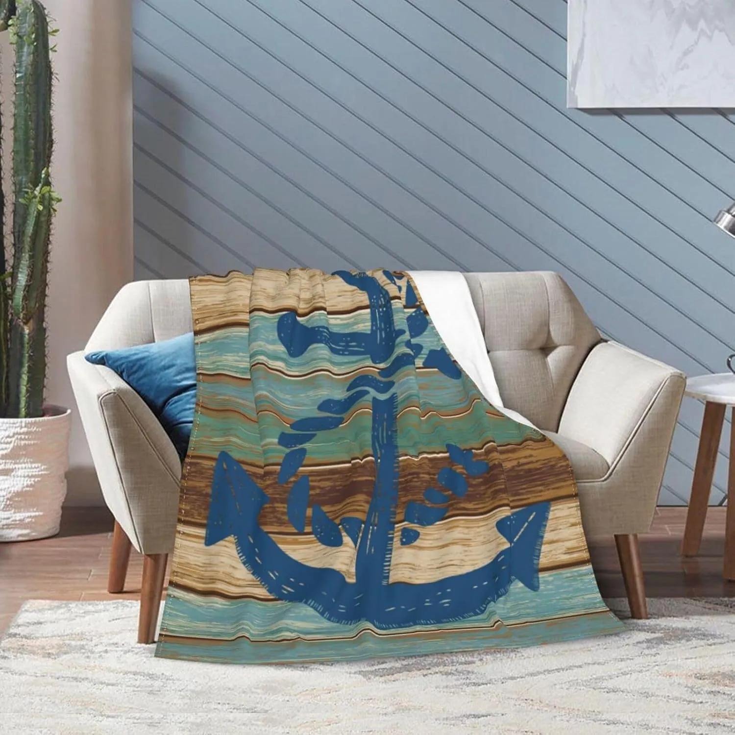 Nautical Coastal Ocean Blue Anchor Ultra-Soft Cozy Throw Blanket Home Decorative Fleece Blanket for Living Room Bed Sofa for Man