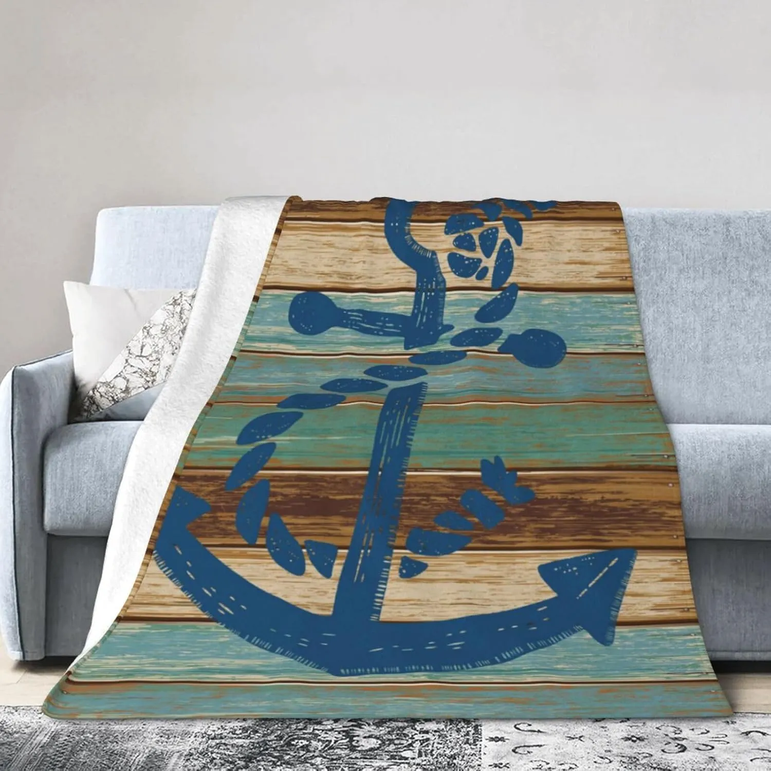 Nautical Coastal Ocean Blue Anchor Ultra-Soft Cozy Throw Blanket Home Decorative Fleece Blanket for Living Room Bed Sofa for Man