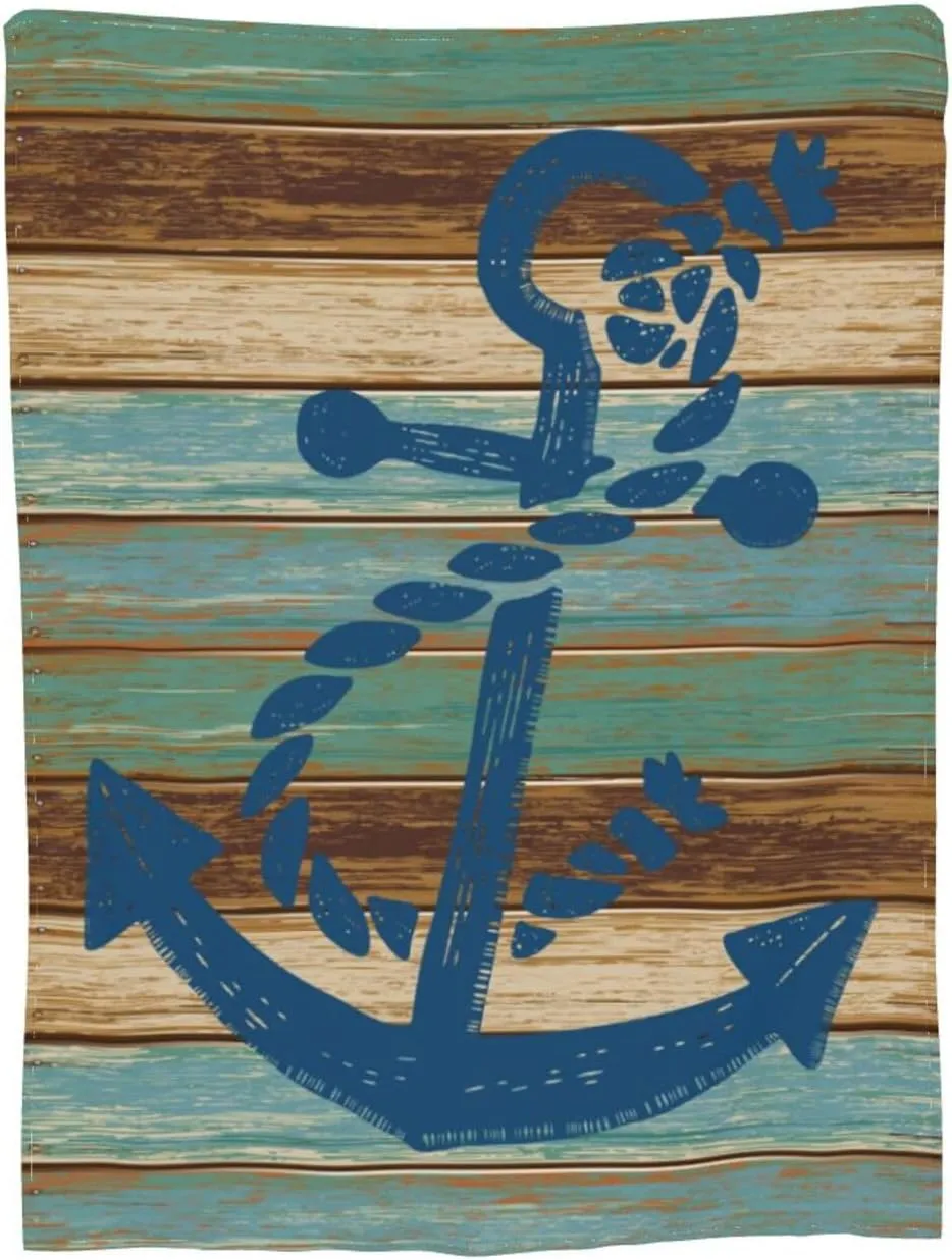 Nautical Coastal Ocean Blue Anchor Ultra-Soft Cozy Throw Blanket Home Decorative Fleece Blanket for Living Room Bed Sofa for Man