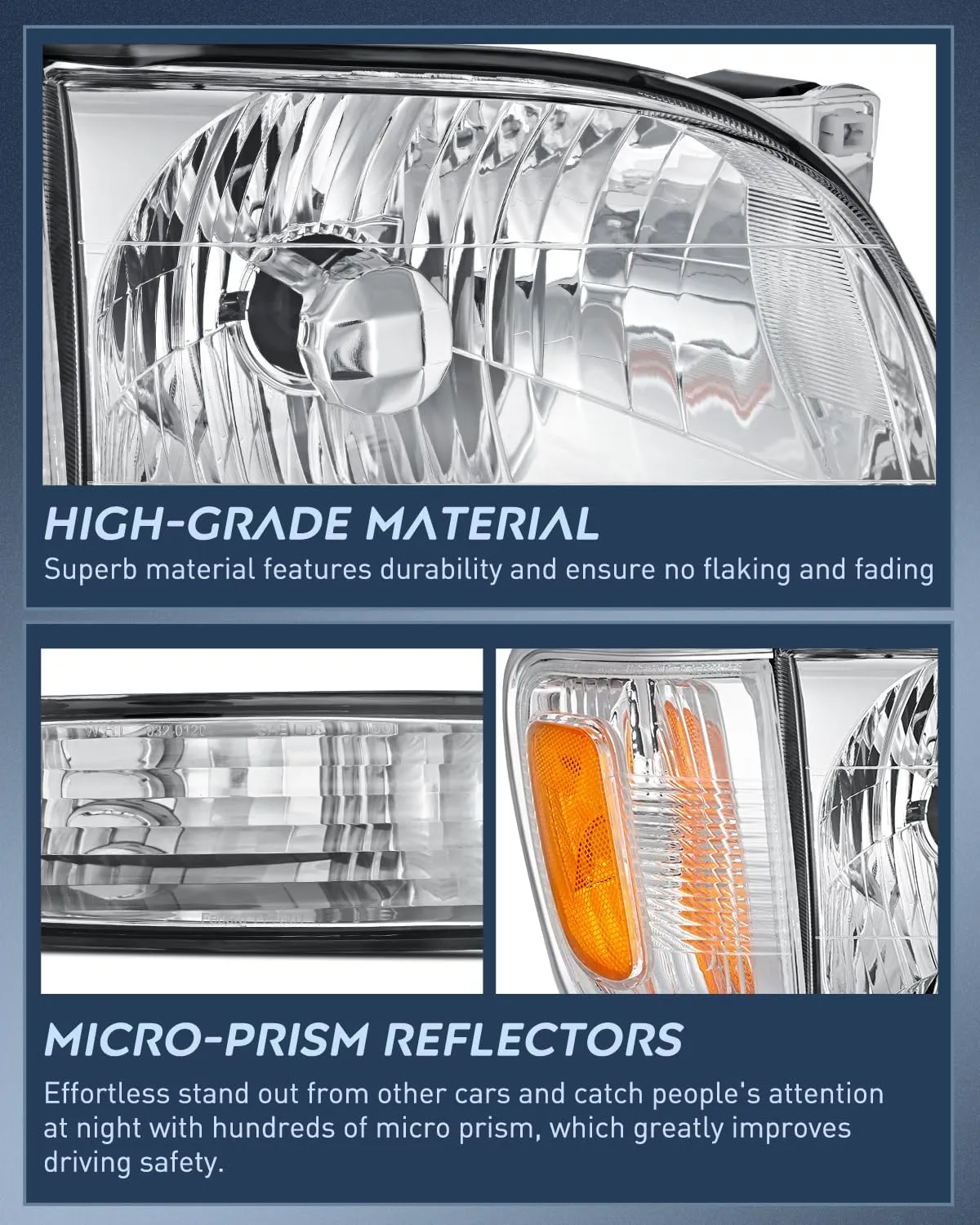 Nilight Headlight Assembly Compatible with 2001 2002 2003 2004 Toyota Tacoma Replacement Headlamp Chrome Housing Amber Reflector Driver and Passenger Side
