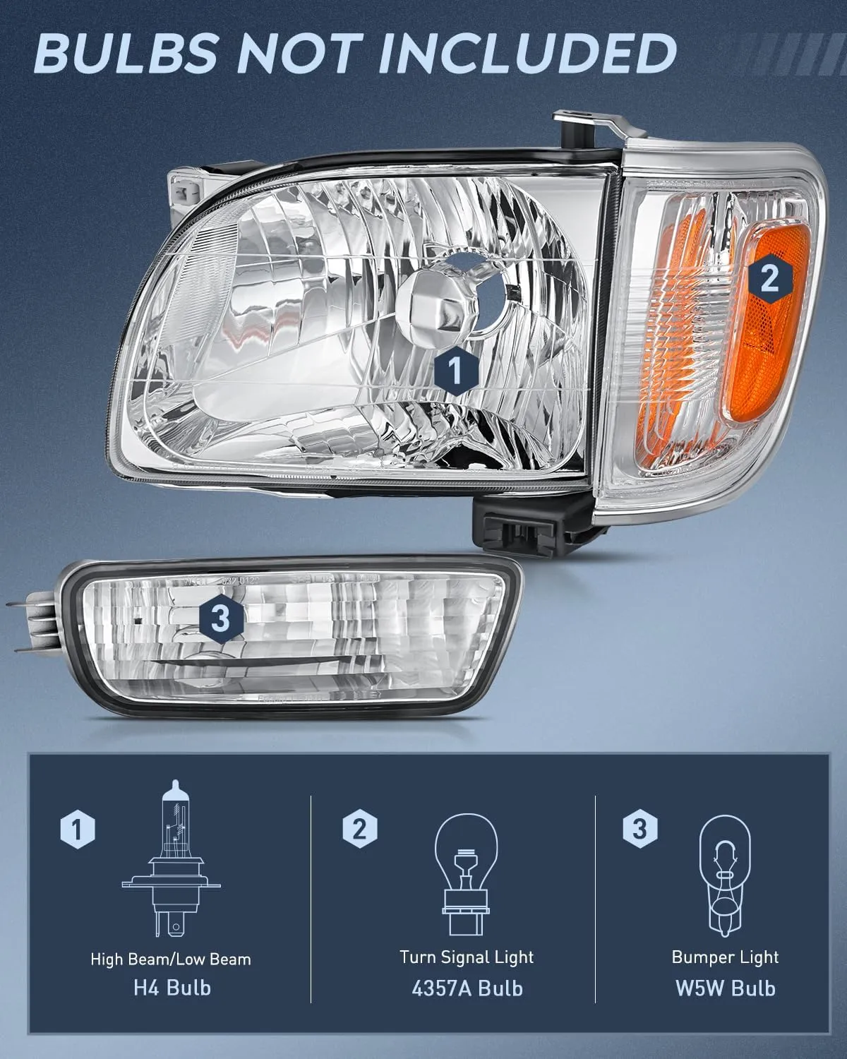Nilight Headlight Assembly Compatible with 2001 2002 2003 2004 Toyota Tacoma Replacement Headlamp Chrome Housing Amber Reflector Driver and Passenger Side