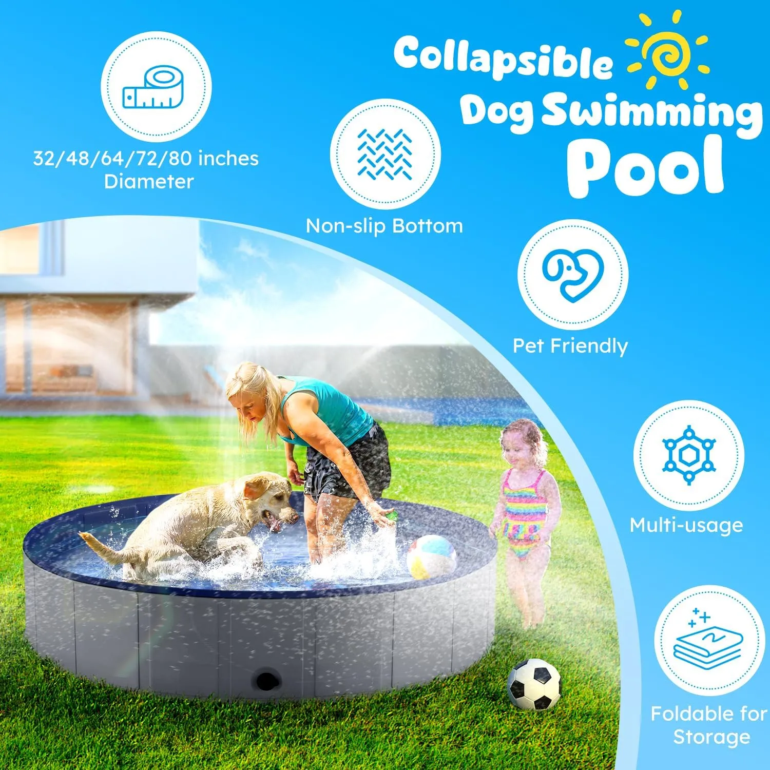 Niubya Foldable Dog Pool, Collapsible Pet Bathtub, Anti-Slip Hard Plastic Bath Pool for Dogs and Cats, 80 x 16 Inches