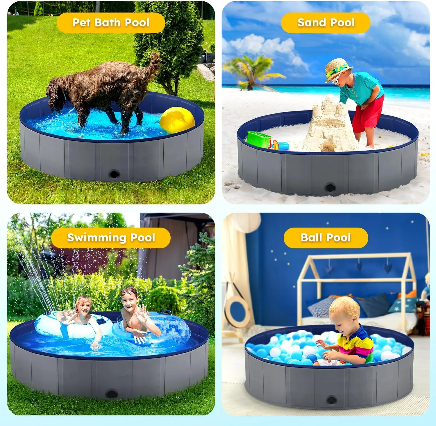 Niubya Foldable Dog Pool, Collapsible Pet Bathtub, Anti-Slip Hard Plastic Bath Pool for Dogs and Cats, 80 x 16 Inches