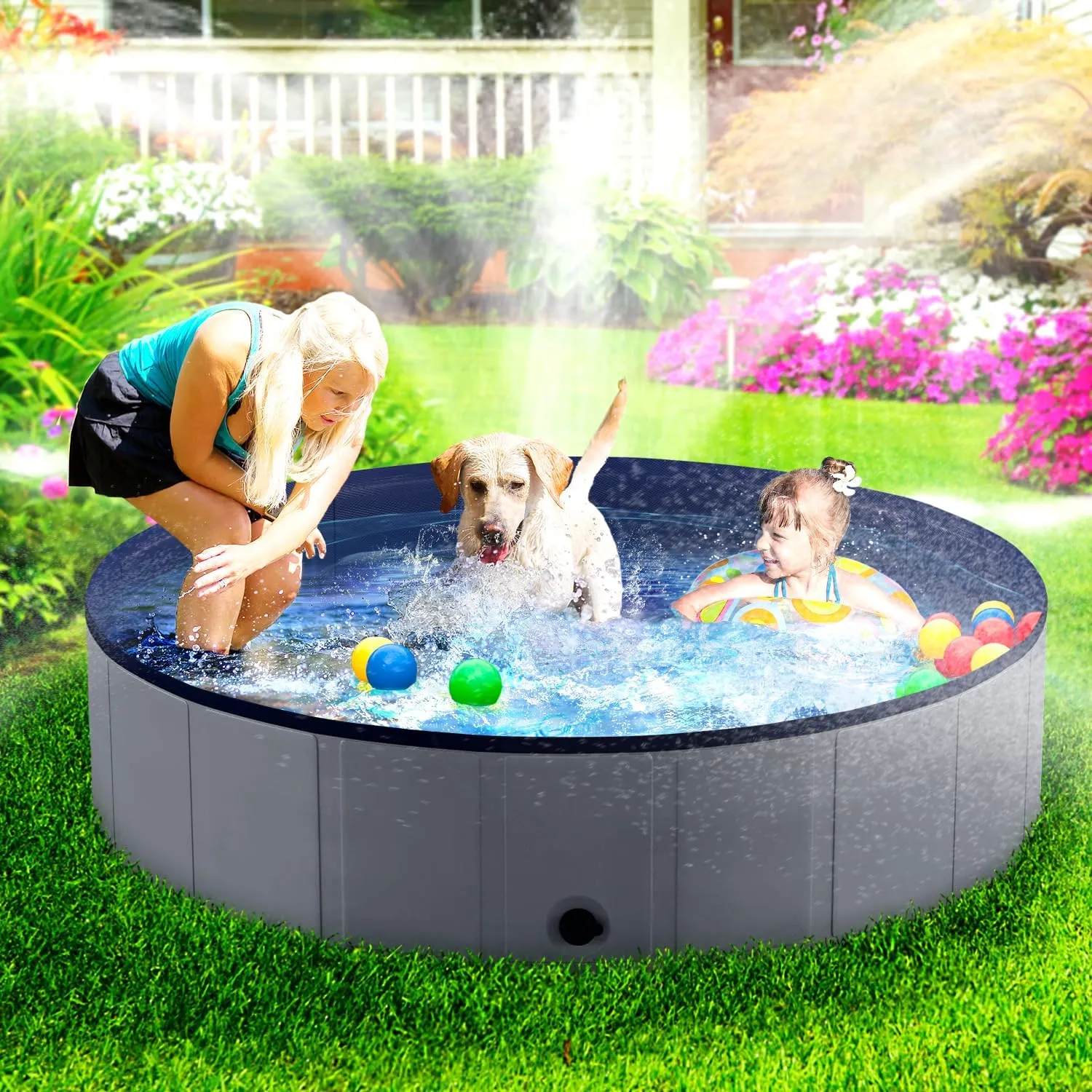 Niubya Foldable Dog Pool, Collapsible Pet Bathtub, Anti-Slip Hard Plastic Bath Pool for Dogs and Cats, 80 x 16 Inches